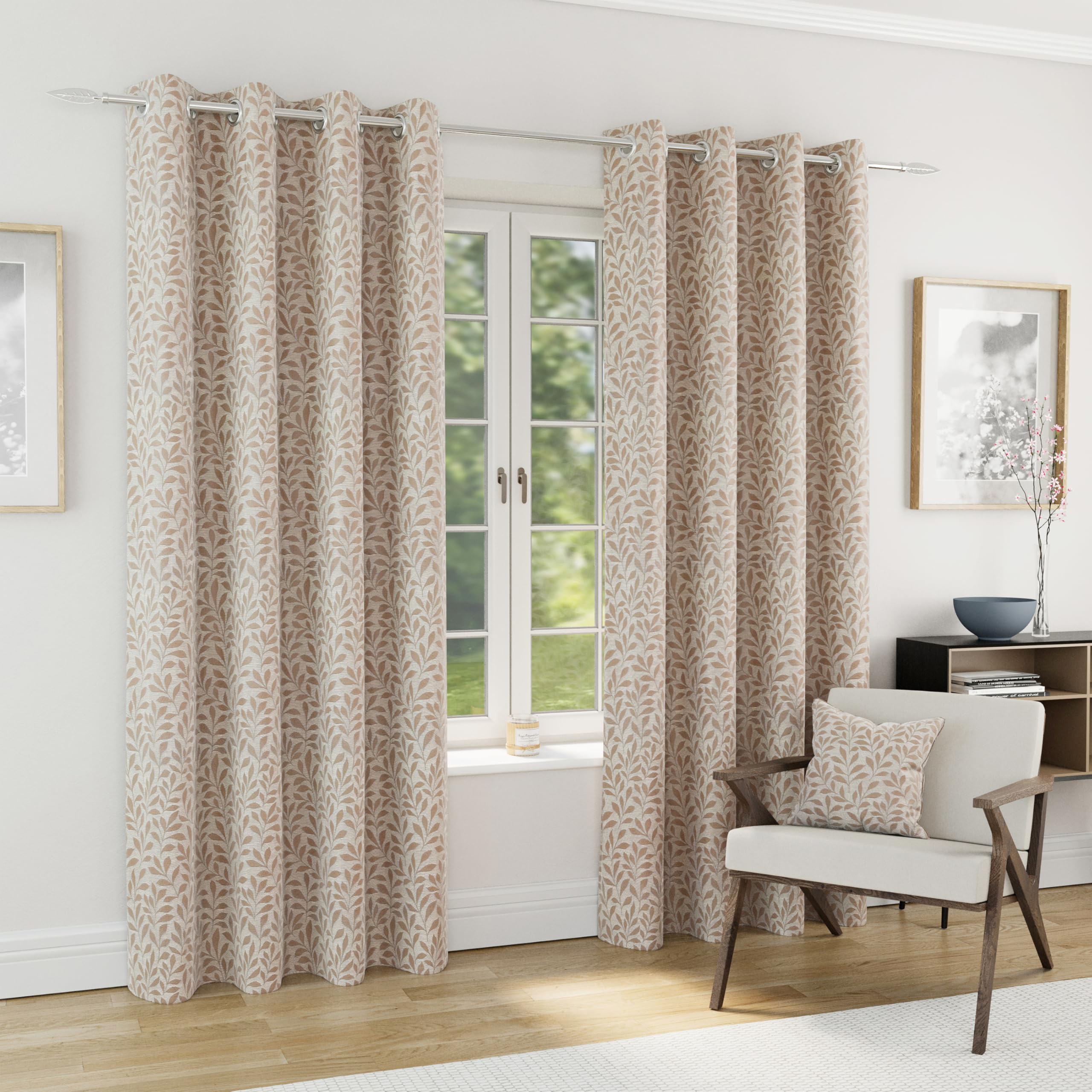 Natural 46x72"" Leaf Print Eyelet Curtains - Blackout Thermal Pair of Curtains