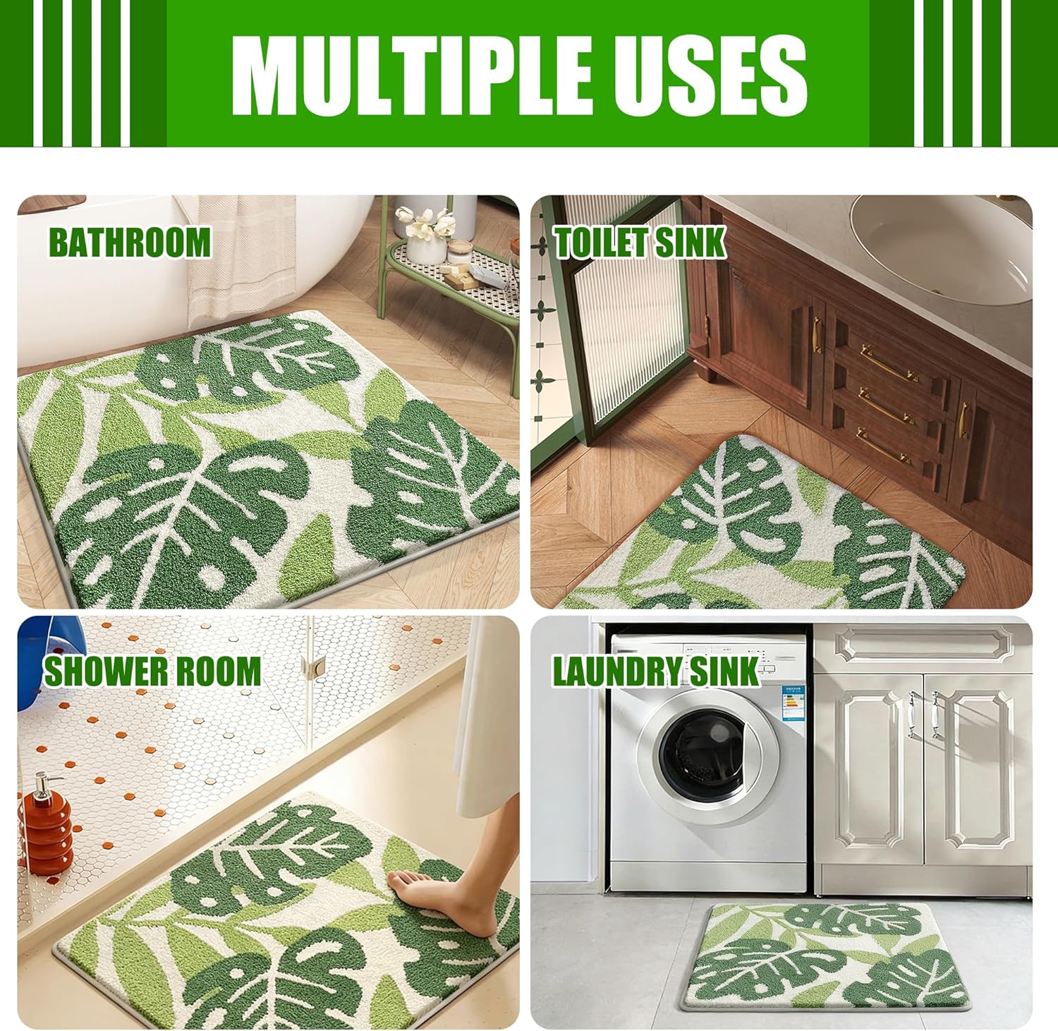 Green Bathroom Rug - Leaf Monstera Bathroom Rug, Non Slip Washable Bathmat, Rubber Anti-Slip Backing, Square Bath Mat 32x32, for Shower Floor & Bathtub