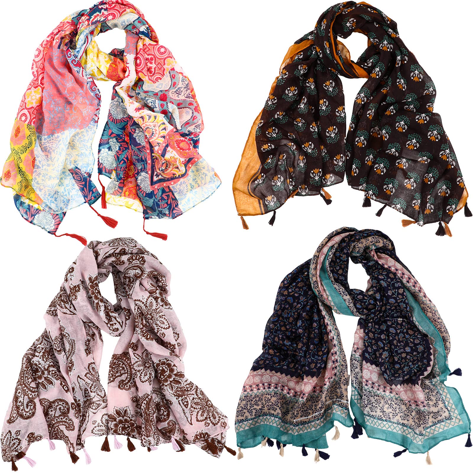 Sureio 4 Pcs Lightweight Fall Winter Scarf for Women Warm Oversized Boho Floral Printed Scarf Soft Long Fringed Shawl Cotton and Linen Scarf for Women