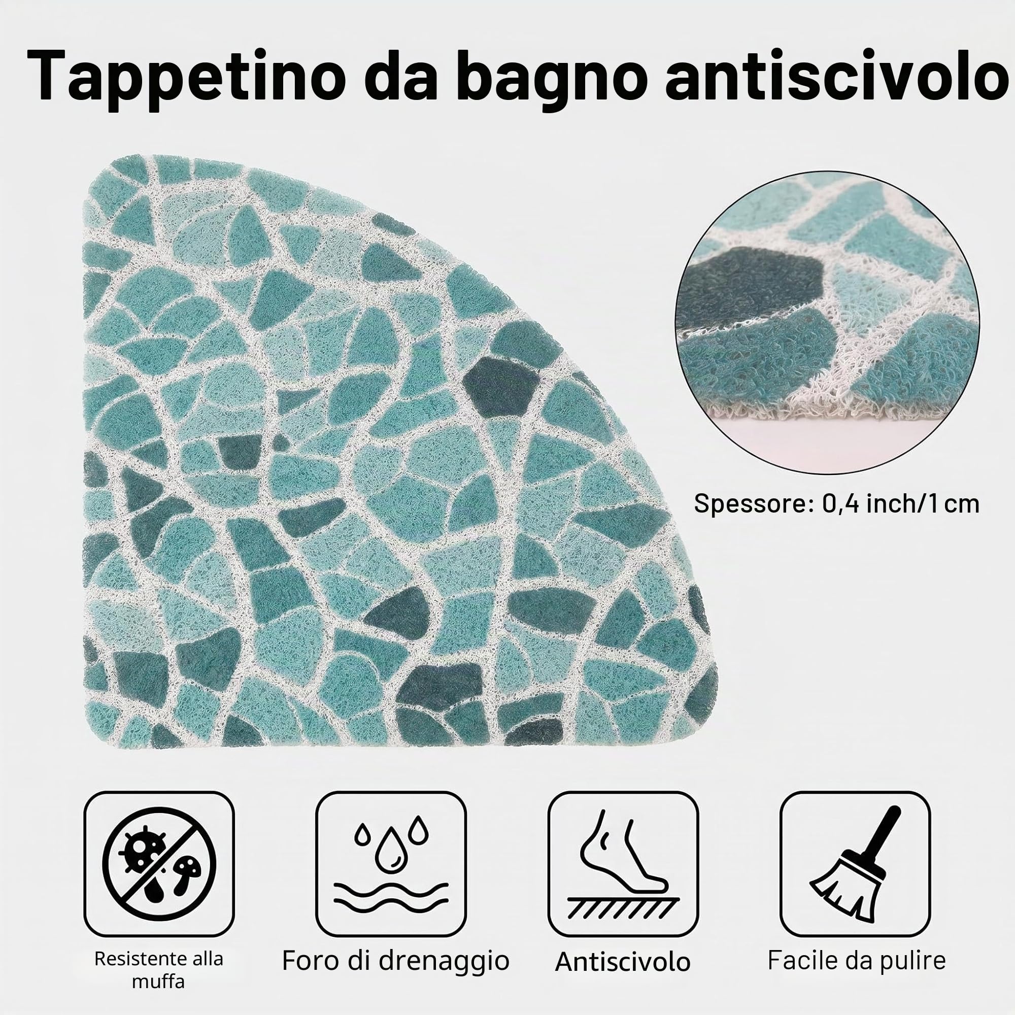 Tappetino da doccia angolare antiscivolo e antimuffa, 70 x 70 cm, tappetini doccia triangolari in luffa per interno doccia, tappetino doccia quadrante in morbido PVC con scarico per anziani, tappetino