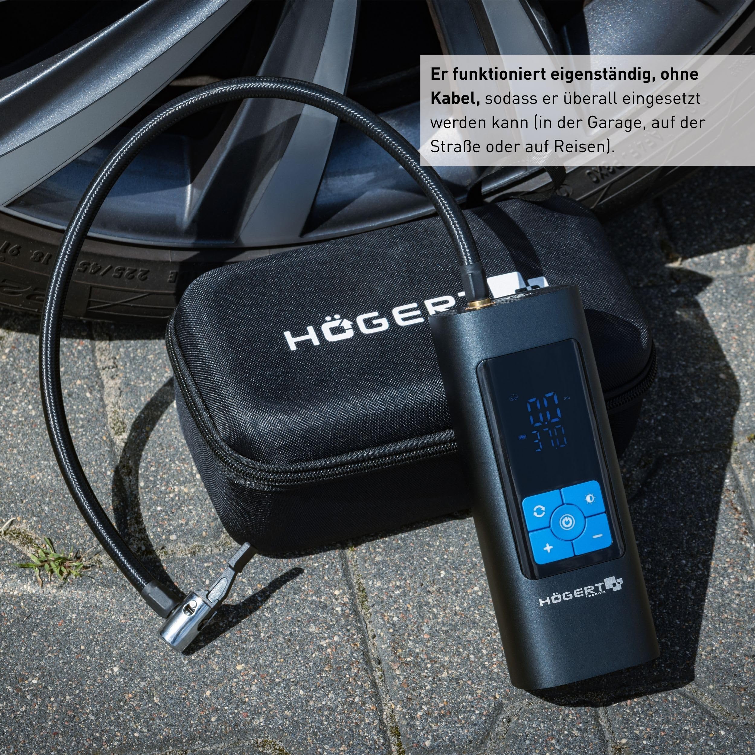 HÖGERT TECHNIK Tragbare Akku Elektrische Luftpumpe 145PSI 3in1, Mini Kompressor mit Powerbank & LED Licht, Mobiler Luftkompressor Fahrradpumpe Auto Motorrad Ball Matratze, USB-C Ladegerät