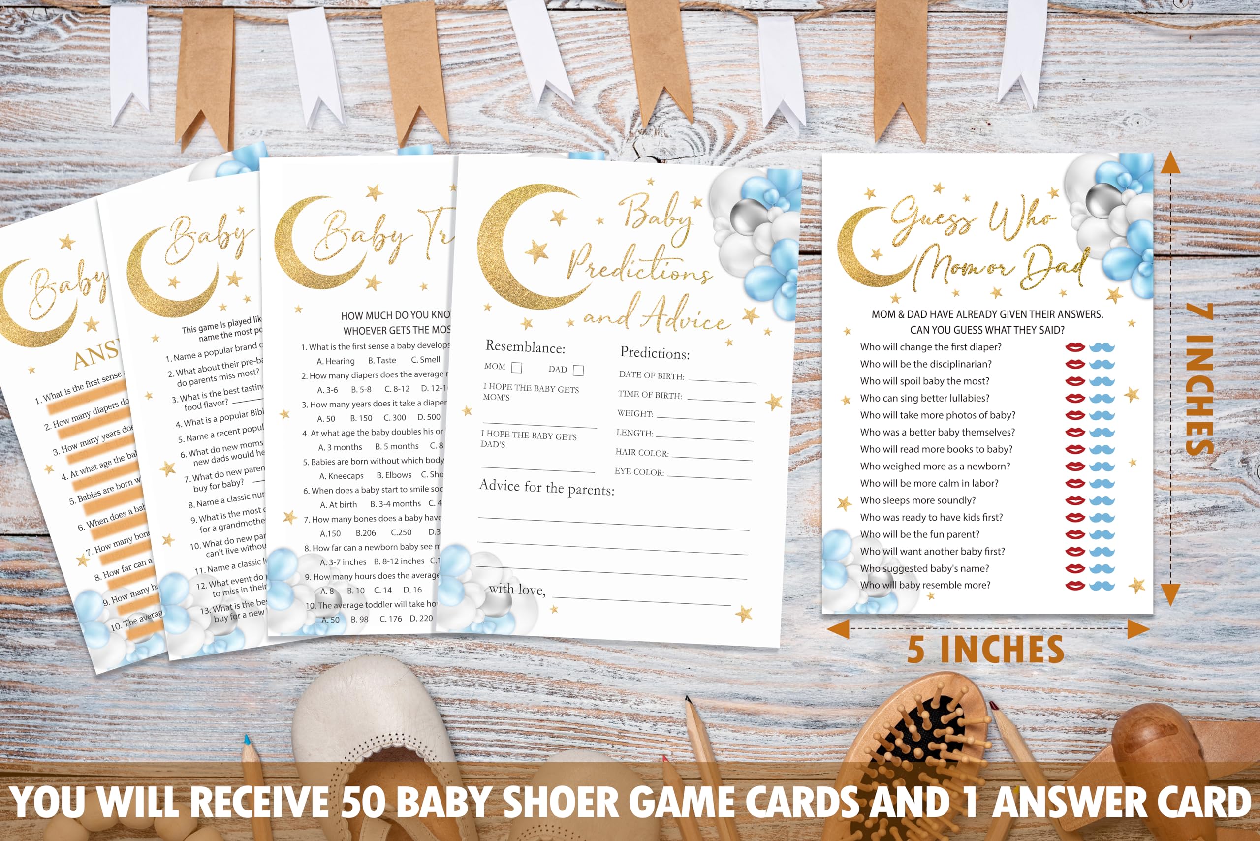 Moon Stars - Juego de juegos para baby shower, 4 juegos que incluyen trivia de bebé, pelea de baby shower, predicciones y consejos para bebés, Adivina quién mamá o papá, 50 tarjetas de doble cara y 1