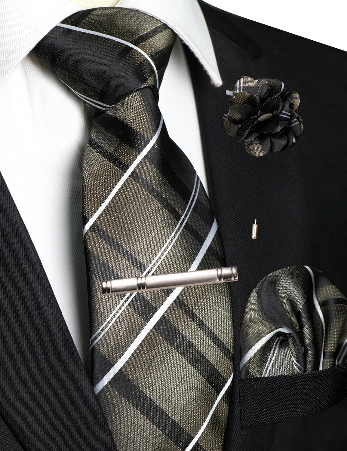 JEMYGINS Mens Striped Tie and Pocket Square with Tie Clip Lapel Pin Set 4PCS - Image 2