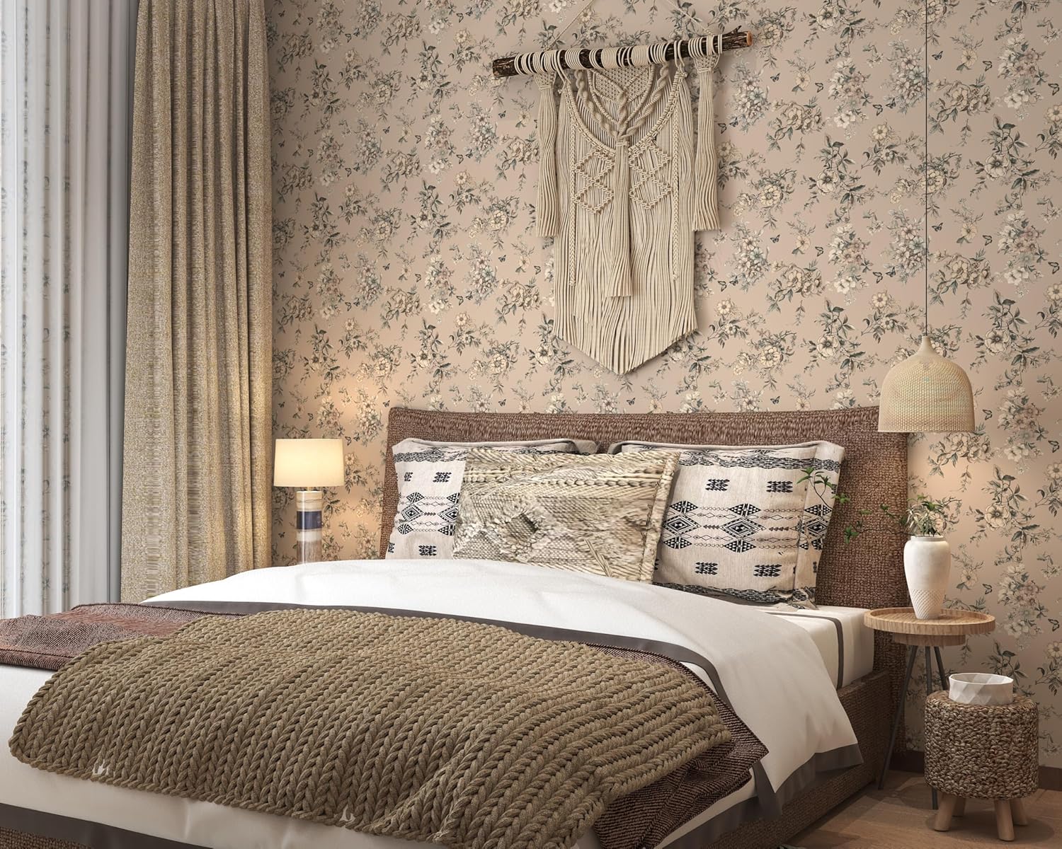 Theper Floral Wallpaper Peel and Stick Wallpaper Boho 17.3"×393" Vintage Floral Contact Paper for Cabinets Removable Self Adhesive Wall Paper for Bedroom Butterfly Flower Mural Decor Vinyl Roll