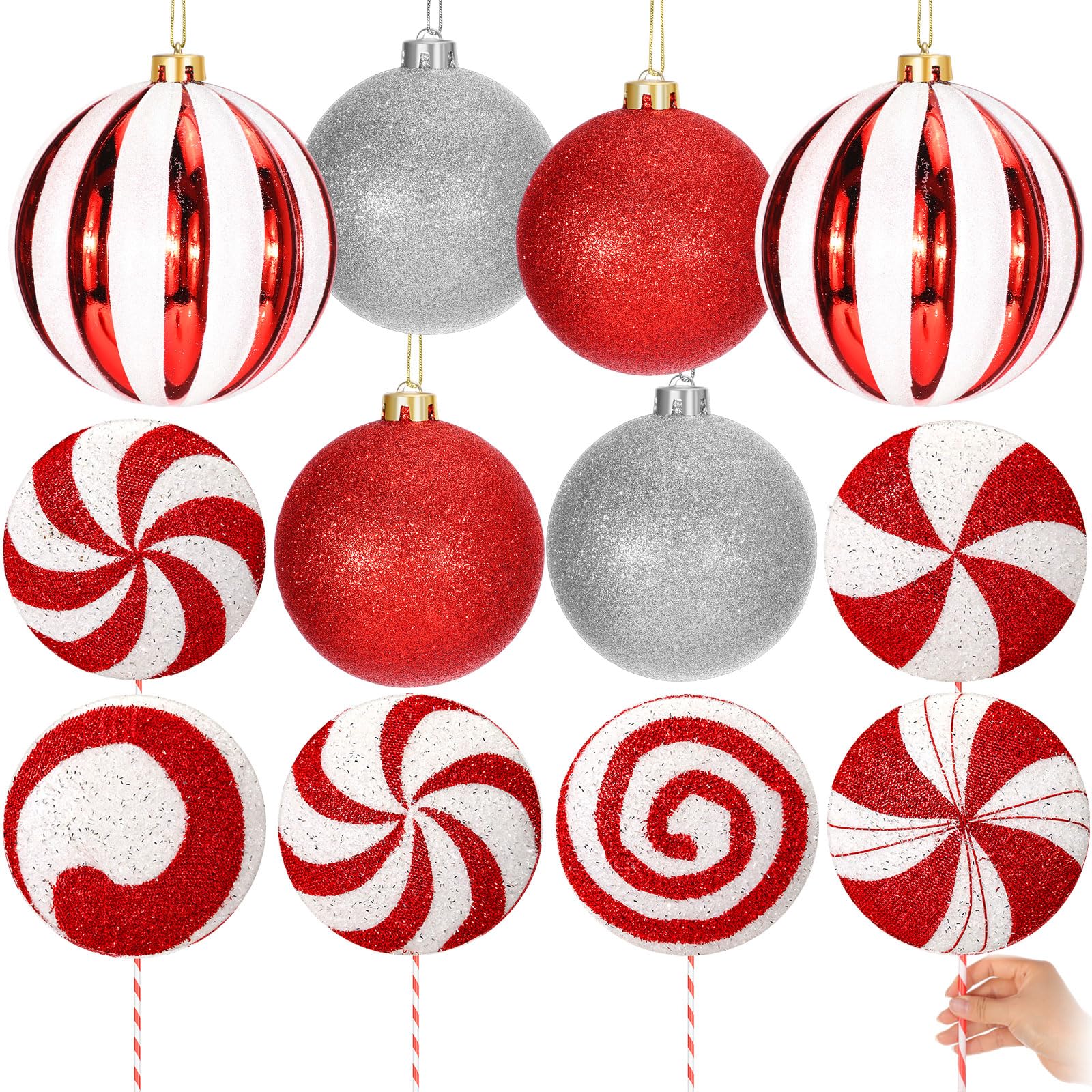 Photo 1 of Syhood 12 Pack 15.75'' Jumbo Candy Christmas Decorations Set Giant Lollipop Candy Sticks Ornaments Extra Large Red White Green Christmas Ball Ornaments for Tree Porch Ceiling Hanging(Sweet Style)