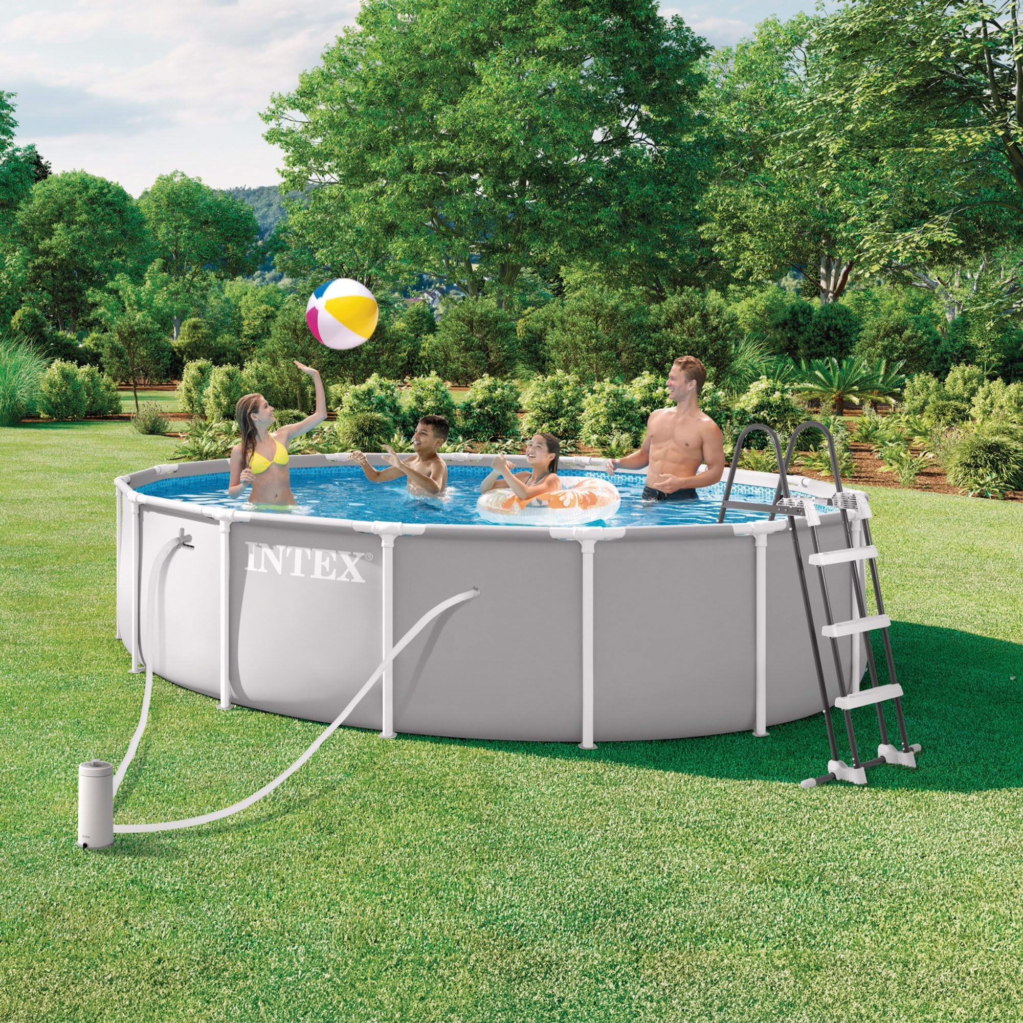 Intex - Piscina Desmontable, Gris, D457x107 cm, Capacidad para 14.614 litros, Escalera, Tapiz, Cobertor, Estructura metálica, Montaje 45 Minutos, Conexiones Ø32 mm (56084)