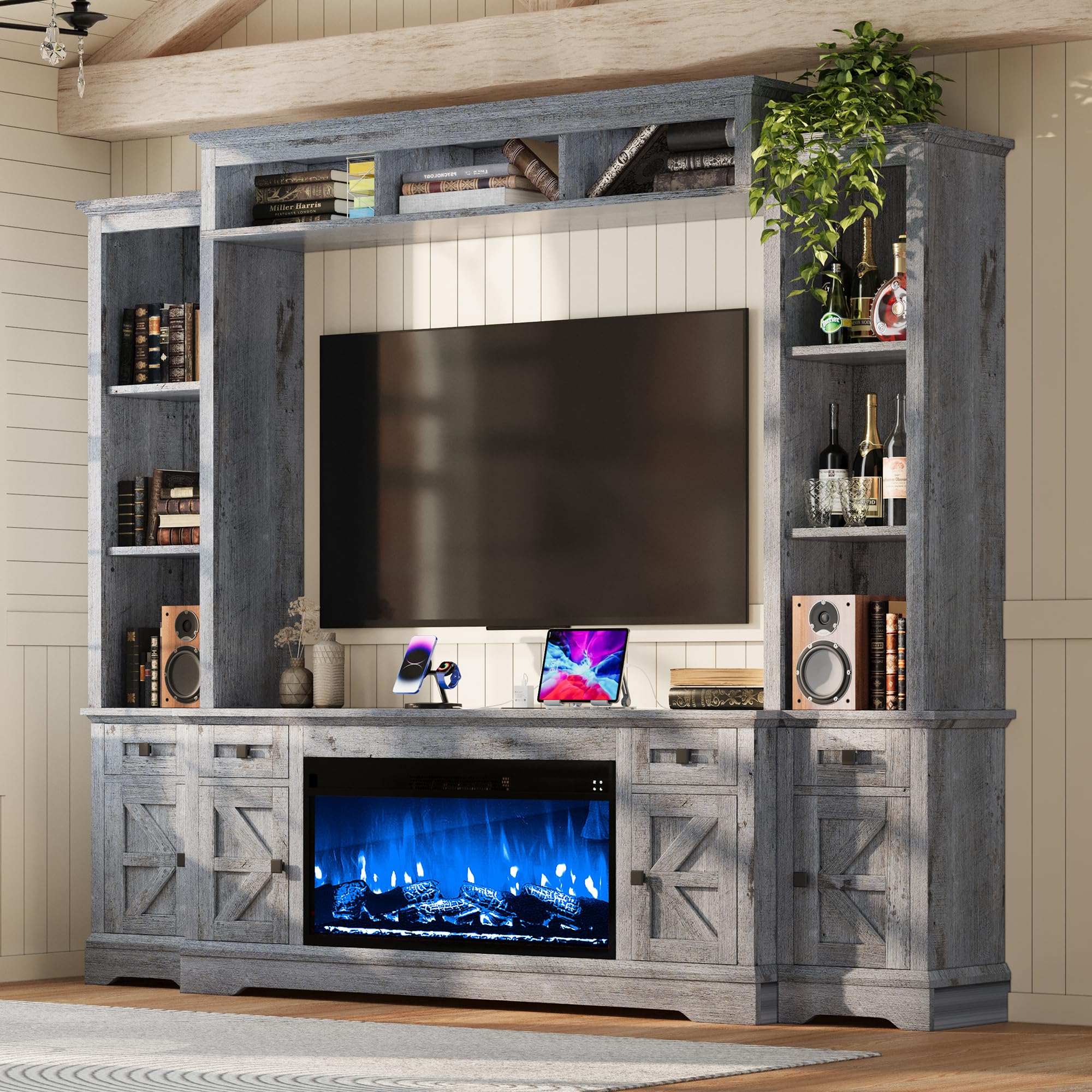 AMERLIFE 98in Farmhouse Entertainment Center with 36" Fireplace, TV Stand, Bookshelves, Wine Cabinet, Fits 75" TVs, Large Wall Unit Media Console with
