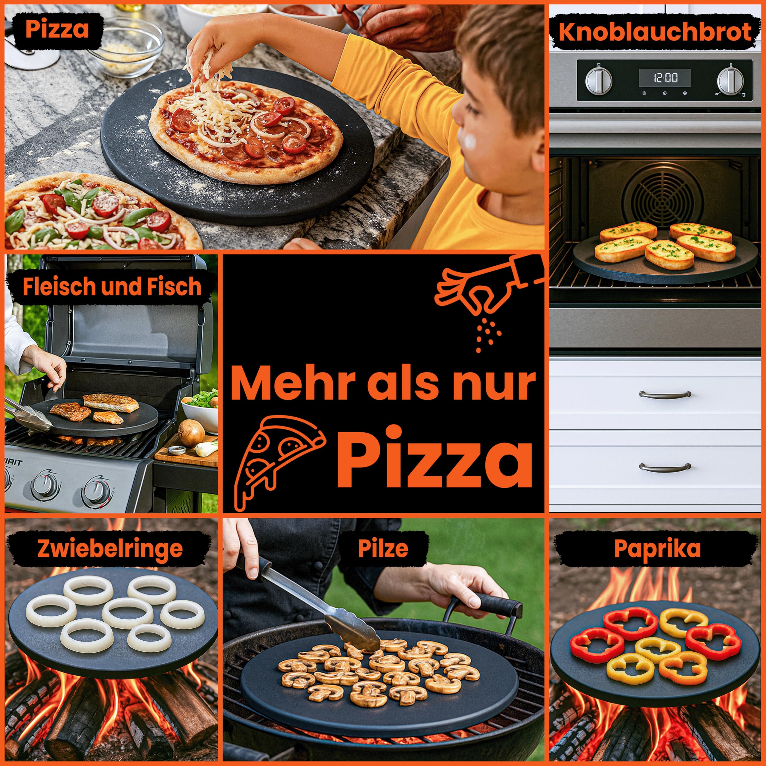 Megrill Pizzastein Rund Set 350x20mm Cordierit – Glasierter Pizza Stein für Holzkohle & Gasgrill, Hitzebeständig & Leicht zu Reinigen, Perfekt für Knusprige, Luftige Pizzaböden – Made in Germany