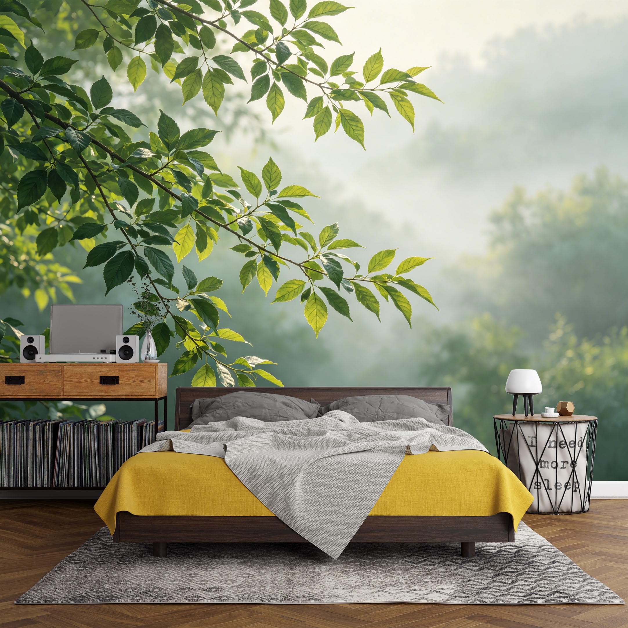 Custom Size Wall Mural Botanical Forest Leaves Misty Morning Landscape SelfAdhesive Art Prints wall Fabric（No PVC） Removable Wallpaper Living Room Decor