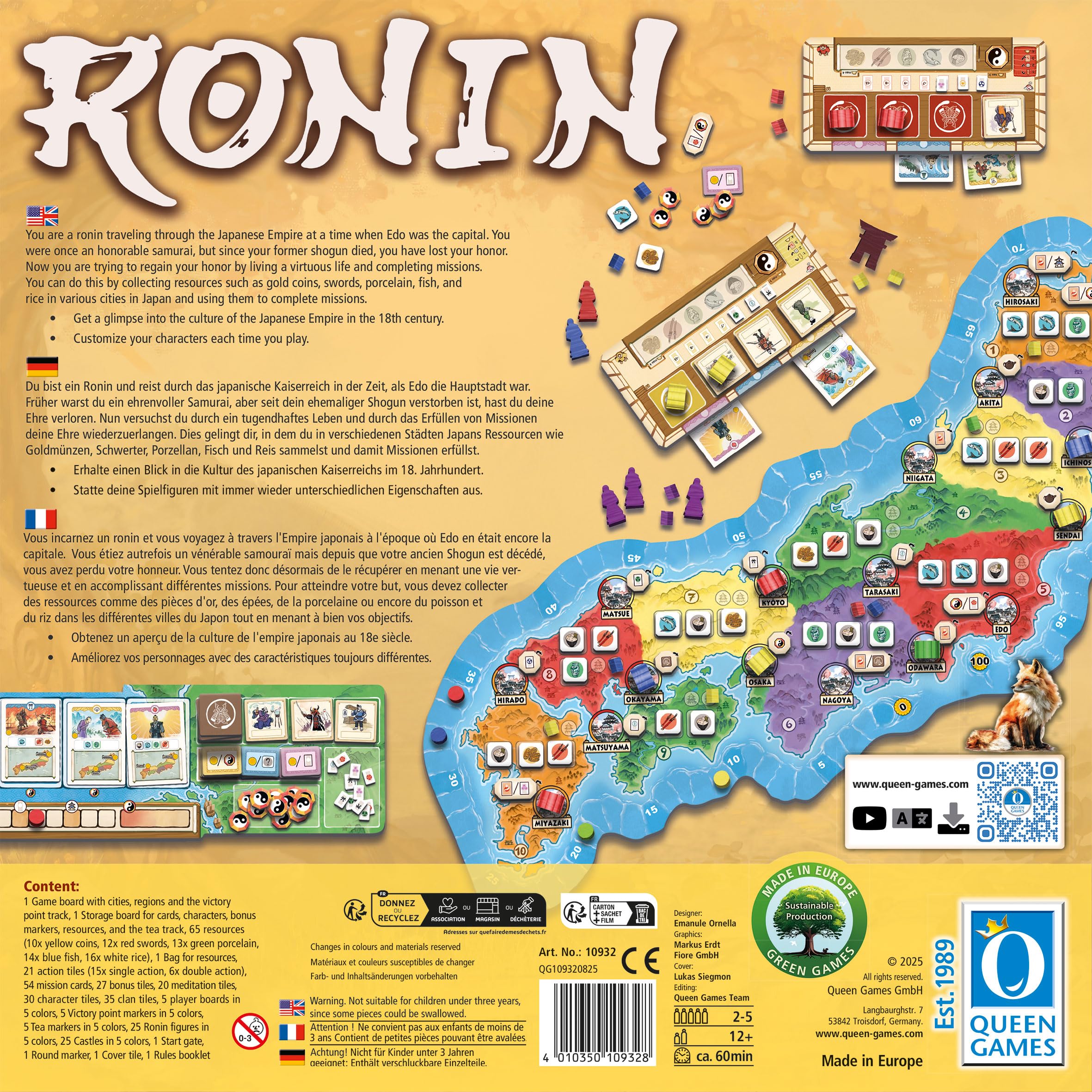 Queen Games - Ronin – taktyczna gra planszowa dla znawców i rodzin – strategiczna kontrola terytorialna w feudalnej Japonii – dla 2-4 graczy, od 10 lat – wysokiej jakości gra towarzyska