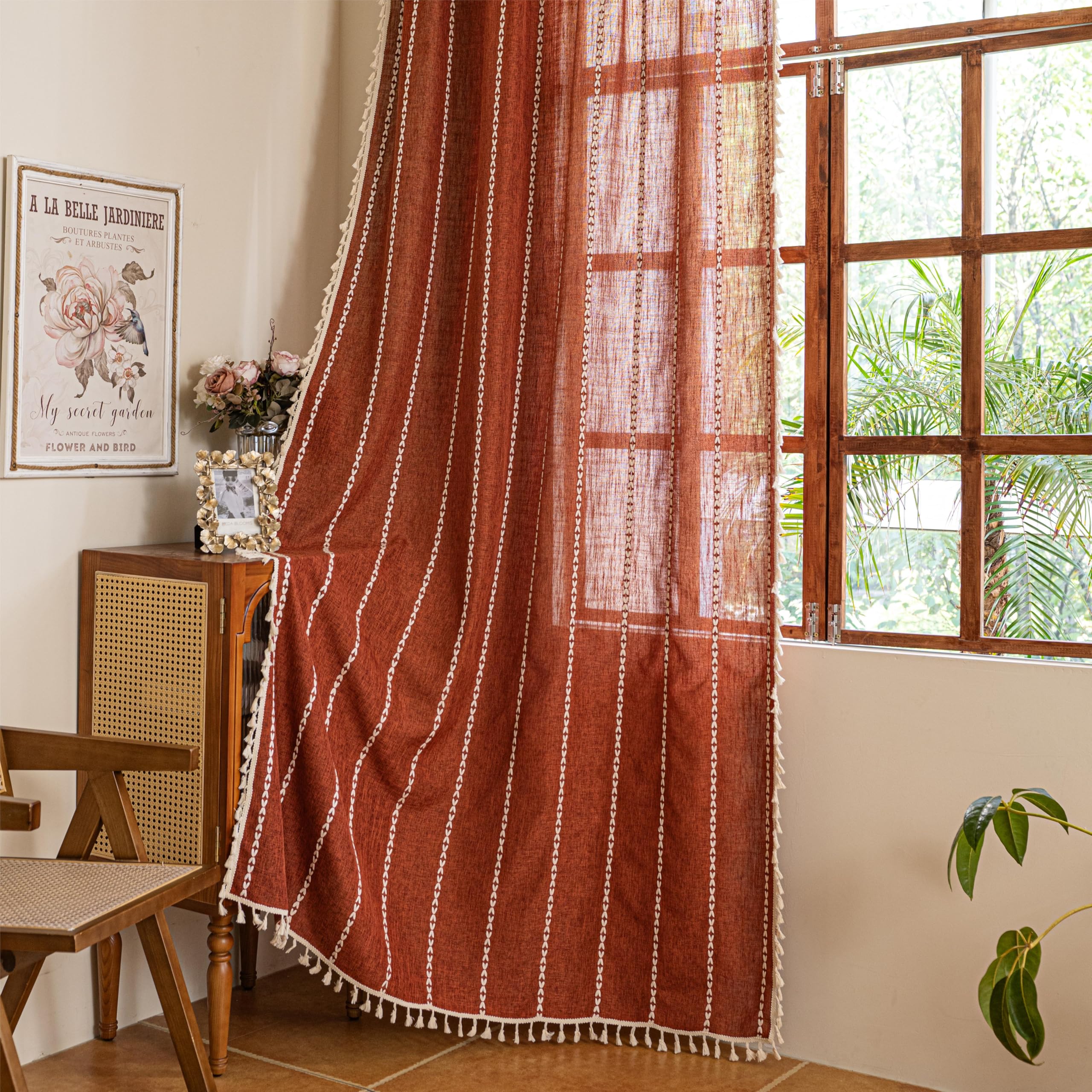 Sutuo Home Boho Linen Curtains for Living Room Dining Room, Farmhouse Light Filtering Privacy Window Treatment Bohemian Embroidery Tassels Long Stripes, Rod Pocket 1 Panel 52" W x 90" L, Terracotta — image 1