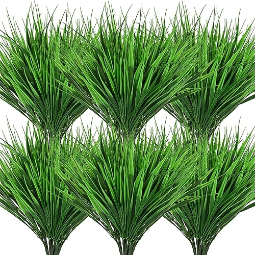 Sunm Boutique 24 paquetes de plantas artificiales para exteriores, hierba de trigo de plástico falso, arbustos verdes de plástico sintético para