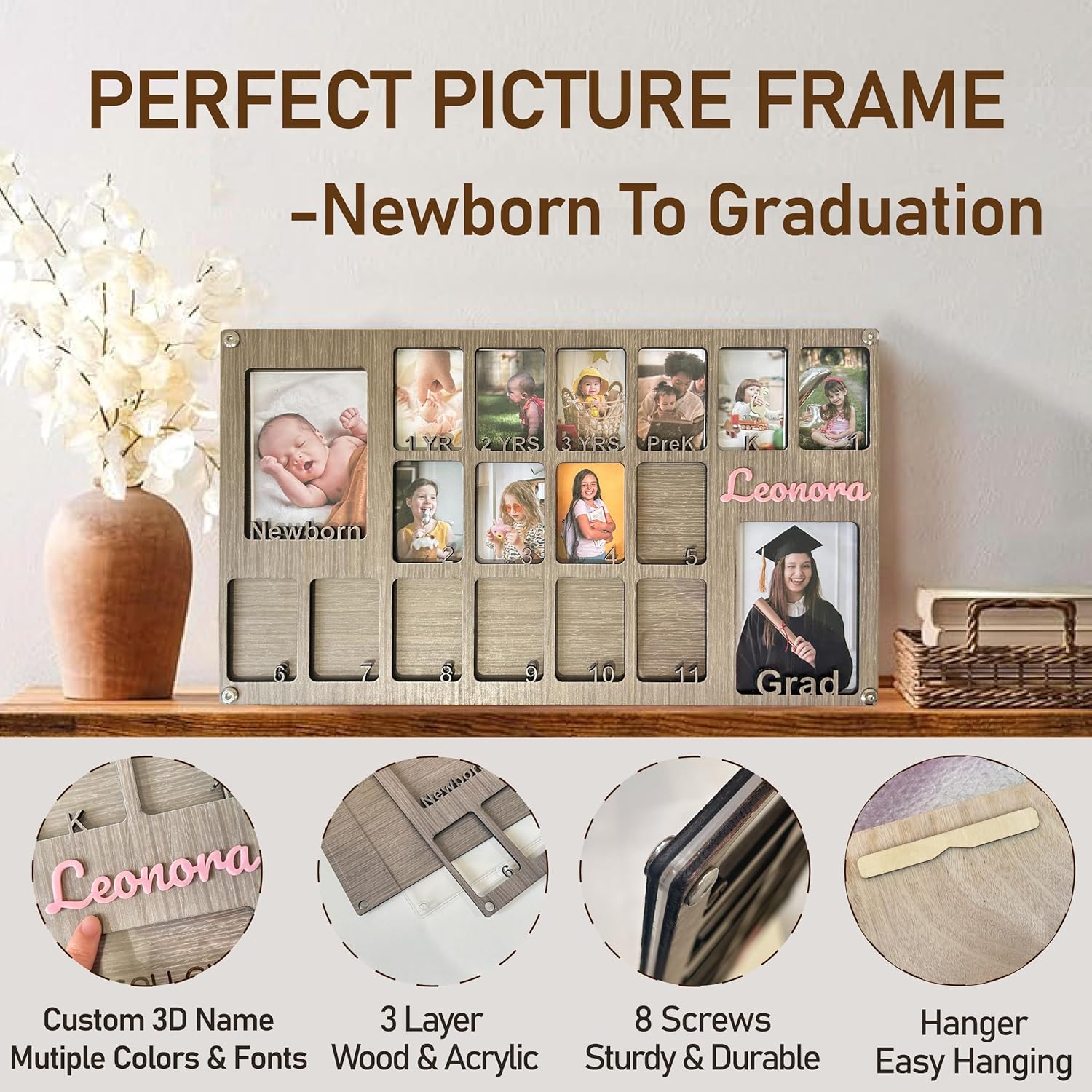 USA MADE-Personalized Newborn to Graduation Picture Frame, School Picture Frame Pre-K to 12, Wooden School Photo Frame Pre-k-12 & College Frame,Custom Graduation Gifts & Party Decor