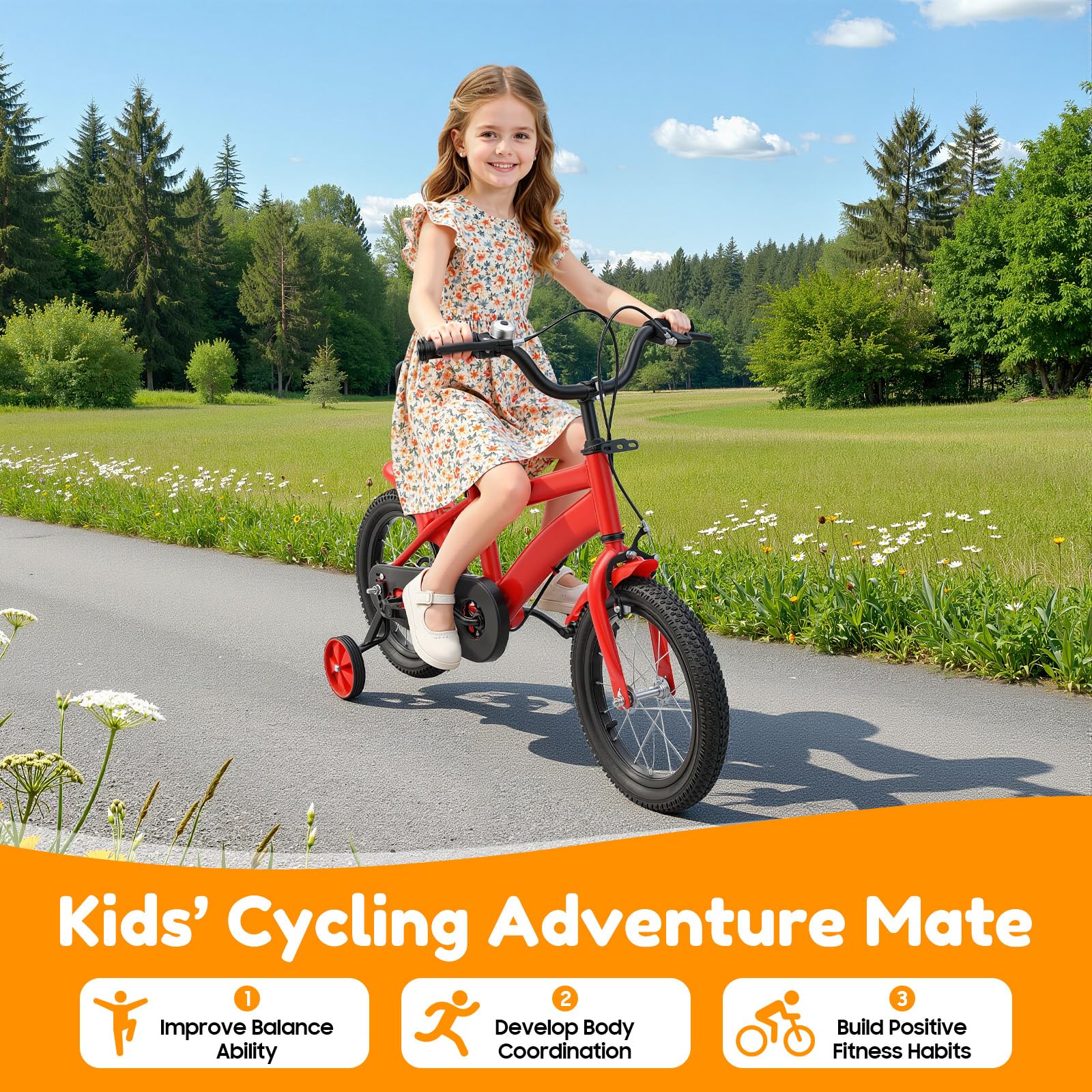 Vélo pour enfant de 14 pouces, avec roues stabilisatrices et double système de freinage, selle réglable, convient aux enfants à partir de 3 ans qui apprennent le cyclisme, le cyclisme en plein