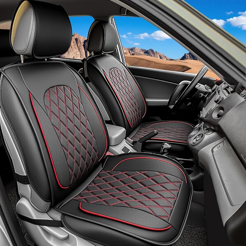 Capa para Banco Dianteiro LINGVIDO em Couro Sintético Perfurado, Compatível com Airbag, Preta com Linha Vermelha, Kit com 2 Capas