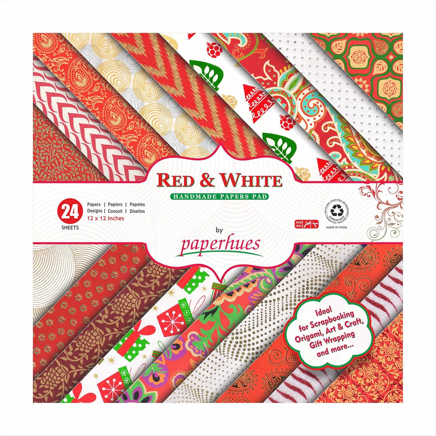 Paperhues Red-White Handmade Scrapbook Papers Christmas Collection 12x12" Pad, 24 Sheets