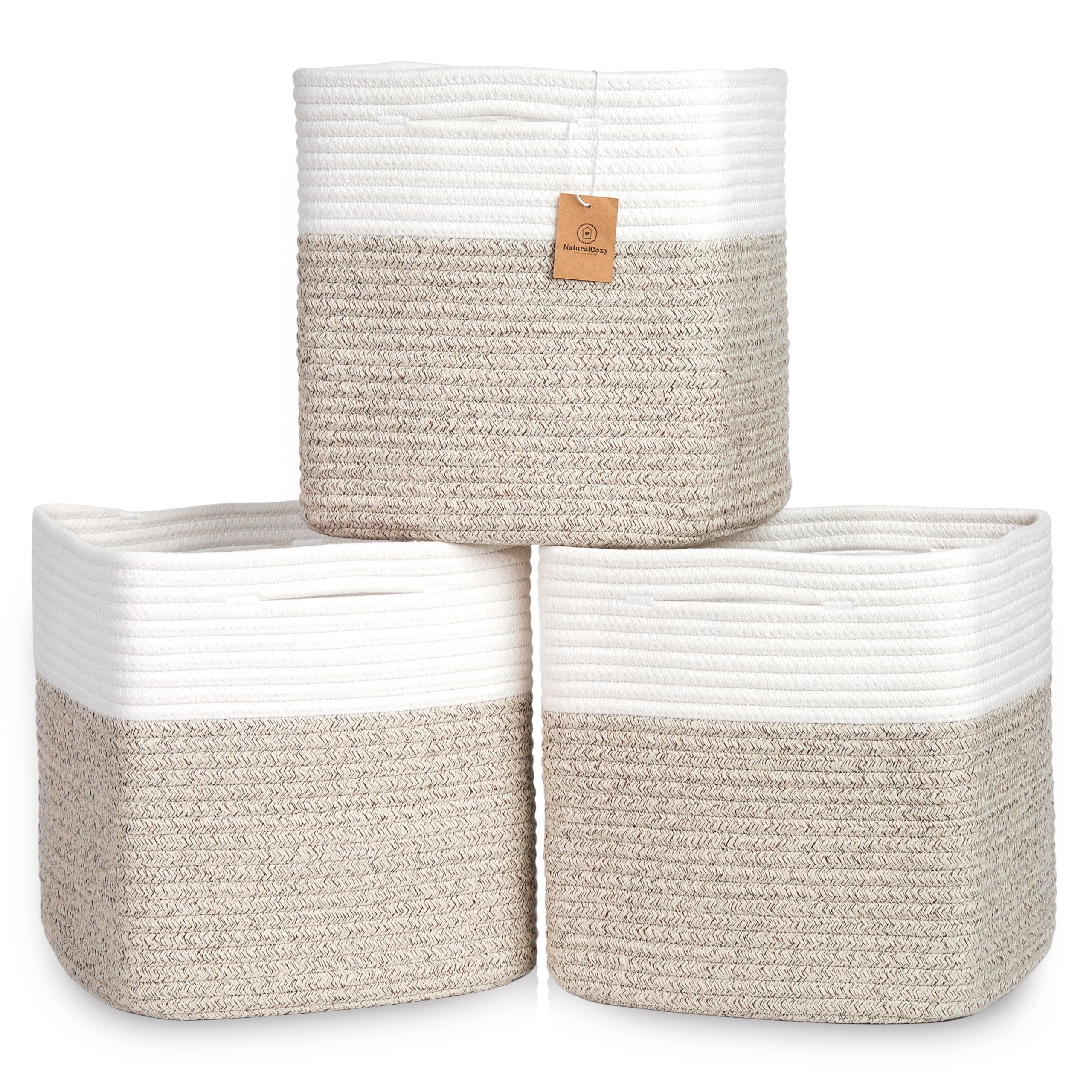 NaturalCozy 13 Inch Cube Storage Bins Cotton Rope Woven Baskets for Organizing 3-Pack | 13 x 13 Storage Cubes | Fabric Square Storage Baskets for Shelves Organizer, Kids Toy Bins, Closet Baby Nursery