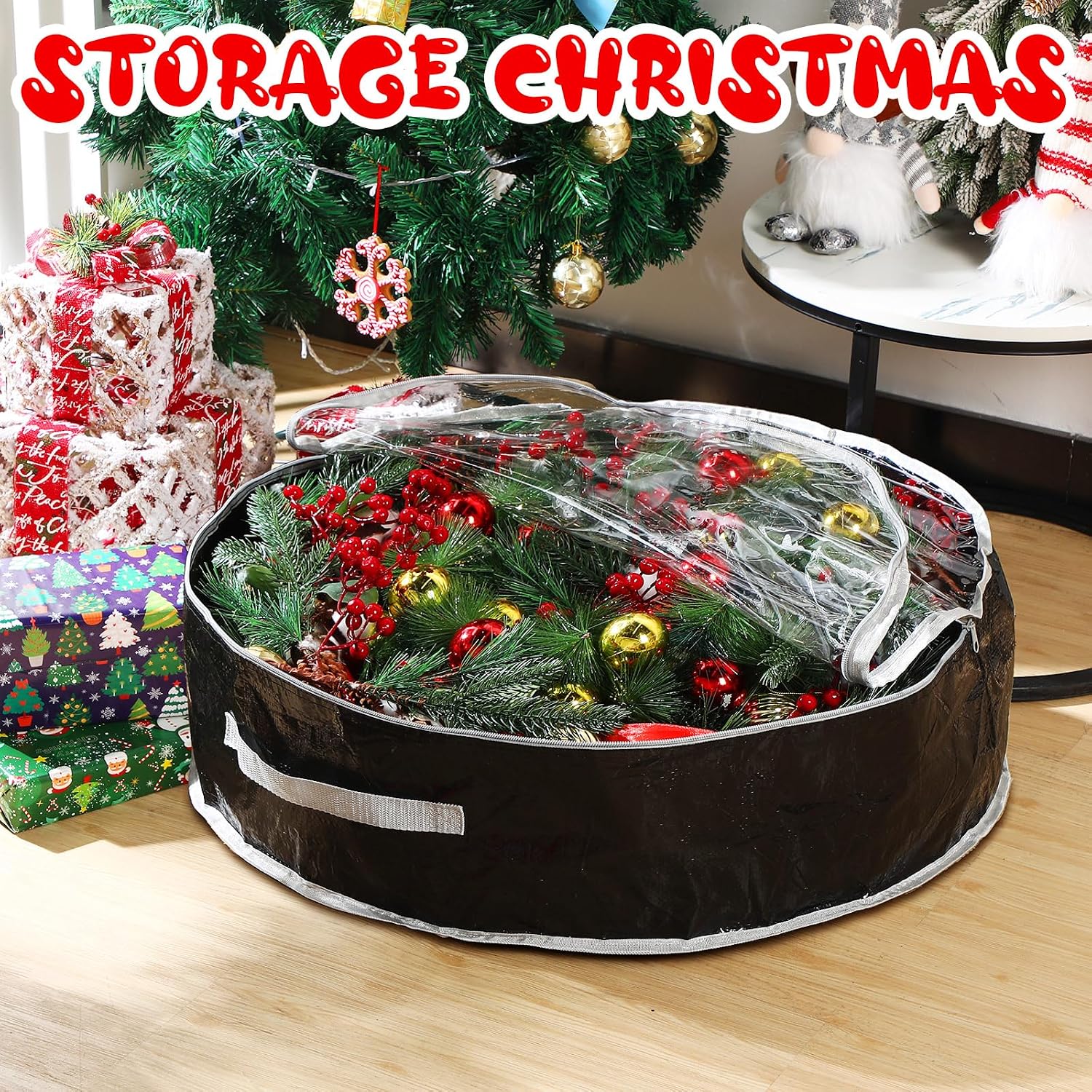 Aliceset 4 Pack Wreath Storage Containers, Ornament Garland Wreath Storage Bags with Handle Zipper Decorative Storages Box for Christmas in July Wreaths(30 x 30 x 7.8 Inch,Black)