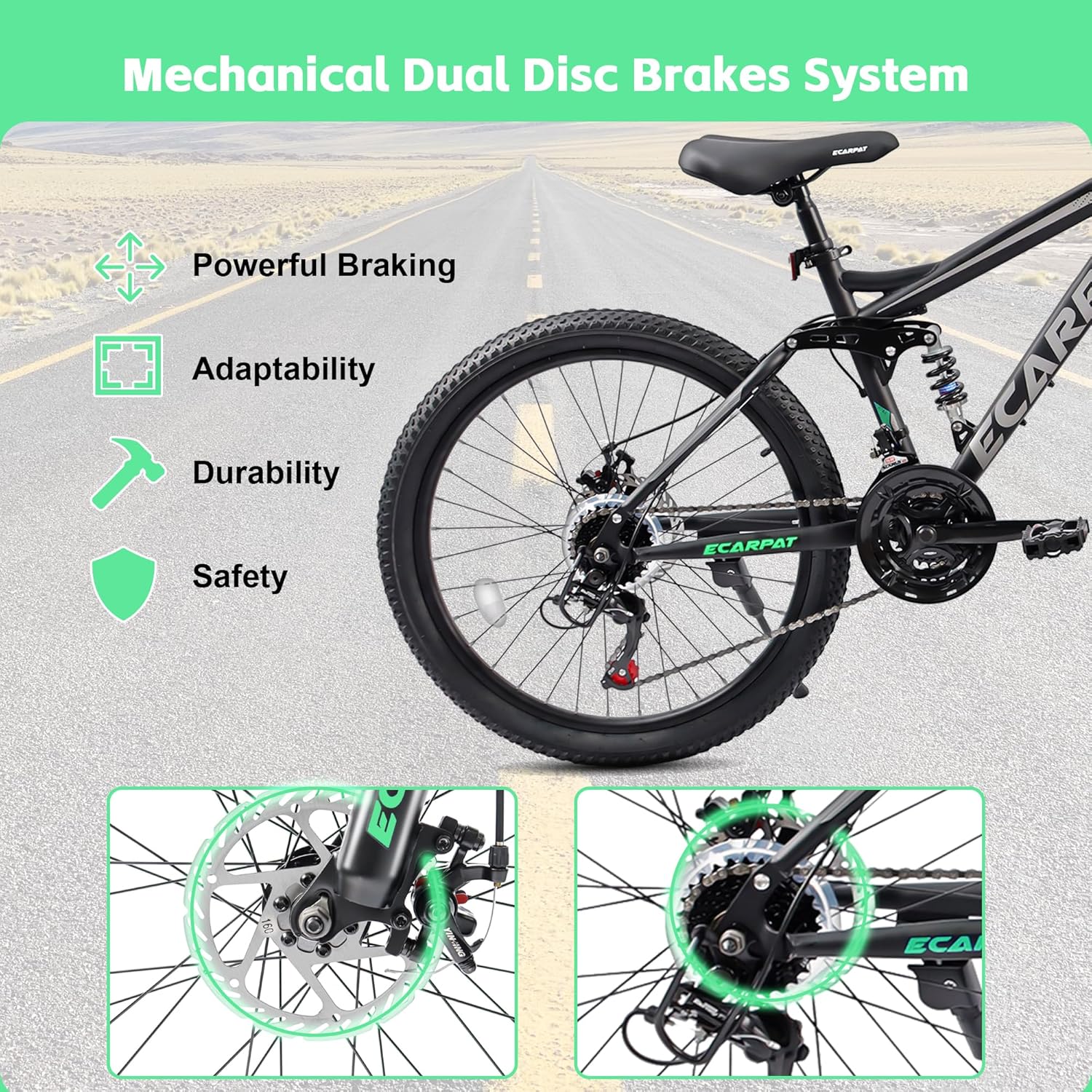 Ecarpat 24 Inch Mountain Bike Full Suspension, 21 Speed Mountain Bicycle with Steel Frame and Dual Disc Brakes, Outdoor Trail Commuter City Bike MTB Bike for Kids Teenagers