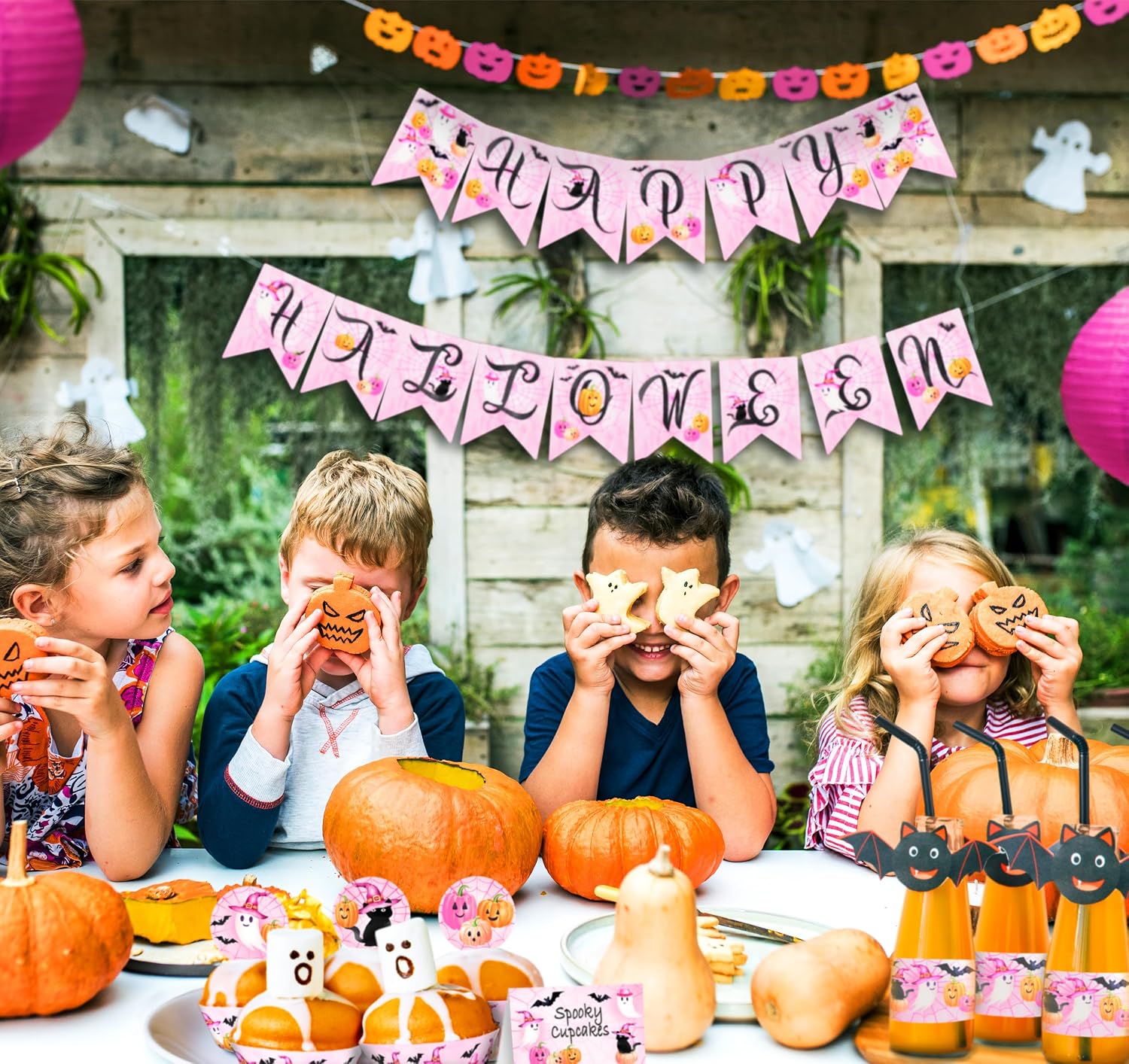 Pink Halloween Table Tents & Place Cards – 12 Count, Pastel Ghost & Pumpkin Buffet Cards, Pinkoween & Happy Boo Day Party Decorations Table Tents