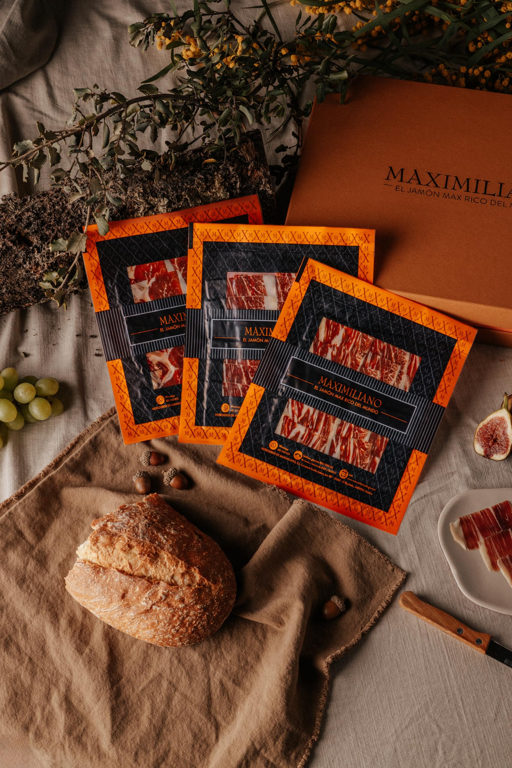 Maximiliano Jabugo - Paleta Bellota - Paleta 100% Ibérica - 14 Estuches 80 gr + 1 Estuche Taquitos 100 gr - Cortado a Mano - Exclusiva y Auténtica - Curación 24 Meses - Crianza en Libertad