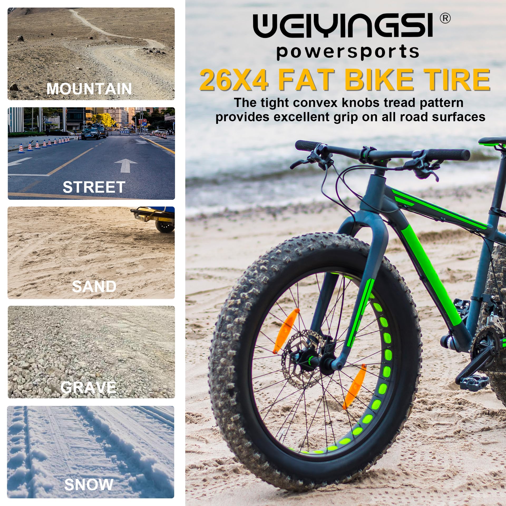Pneu et Chambre à air Fat 26x4.0 pour vélo électrique - Lot de 1 - Noir | Pneu de vélo pliable haute performance résistant à l'usure 26 x 4, bande de roulement tout-terrain, diverses pièces pratiques