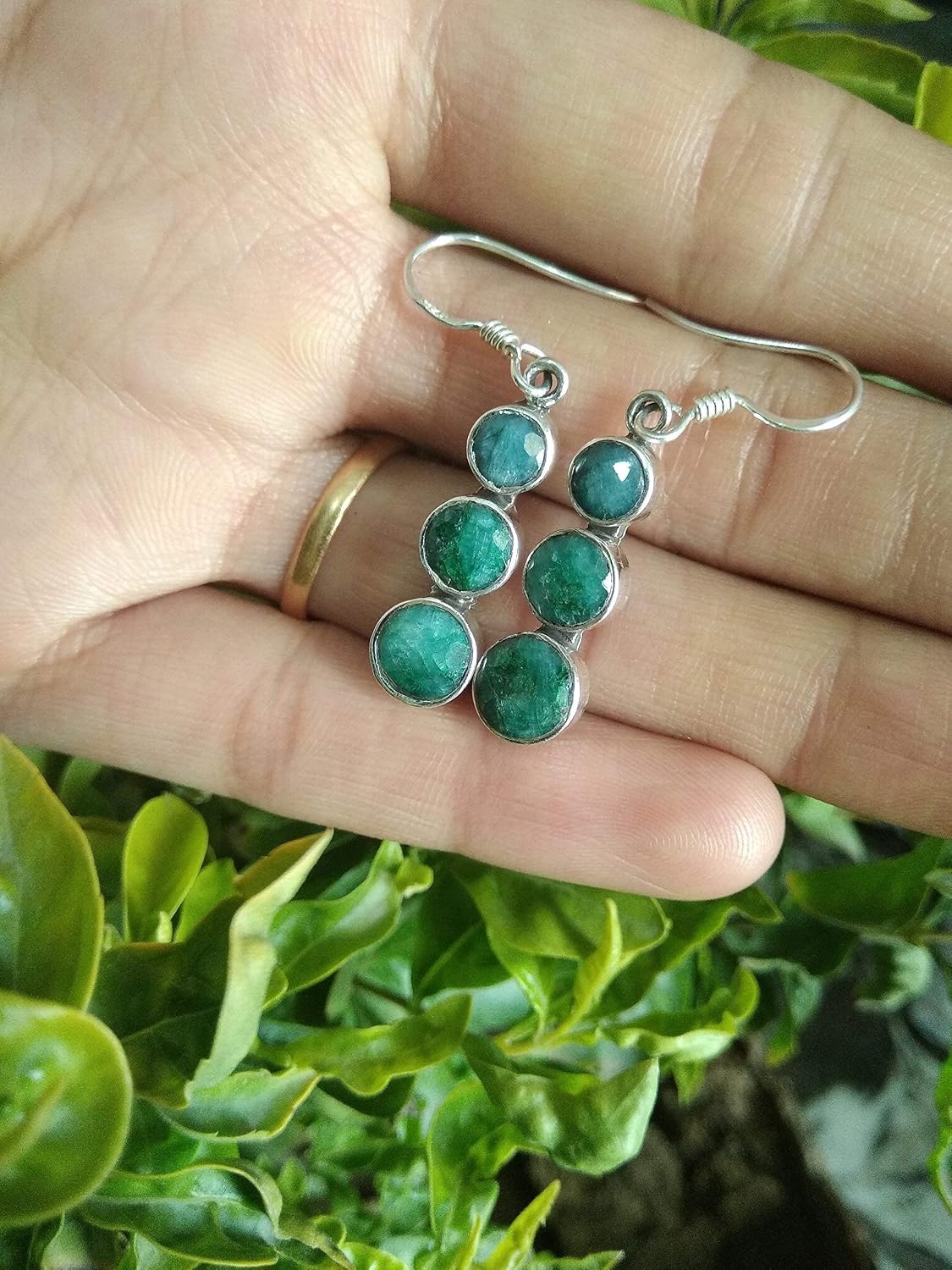 Emerald Earrings- Sterling Silver Earrings- Three Stone Earrings- Trending Earrings- Fine Earrings- Boho Earrings- Gypsy Earrings- Gift for wife- Bridesmaids gifts- Anniversary Gift- Birthday Gift image 2