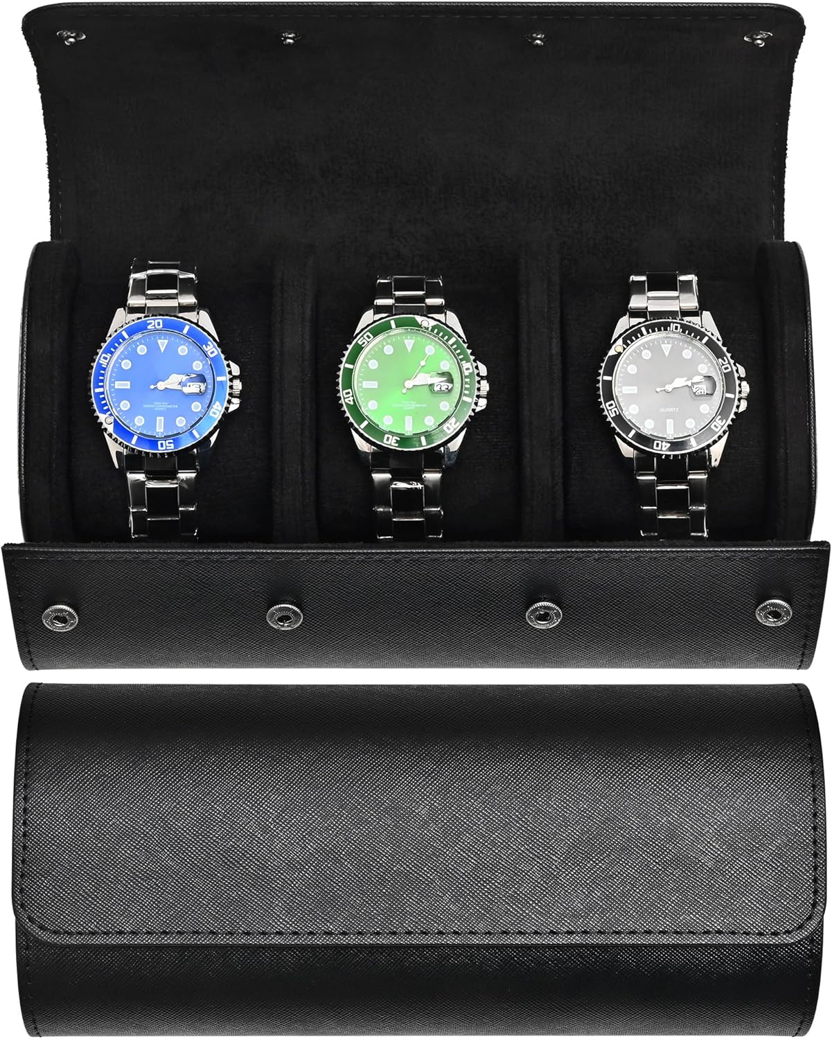 Watch Roll Travel Case for 3 Watch, Watch Case for Men and Women, Luxury Leather Portable Watch Case Roll Organizer for Home Storage, Travel and Display with WHITE BOX (Black, 3 slot) Black 3 slot