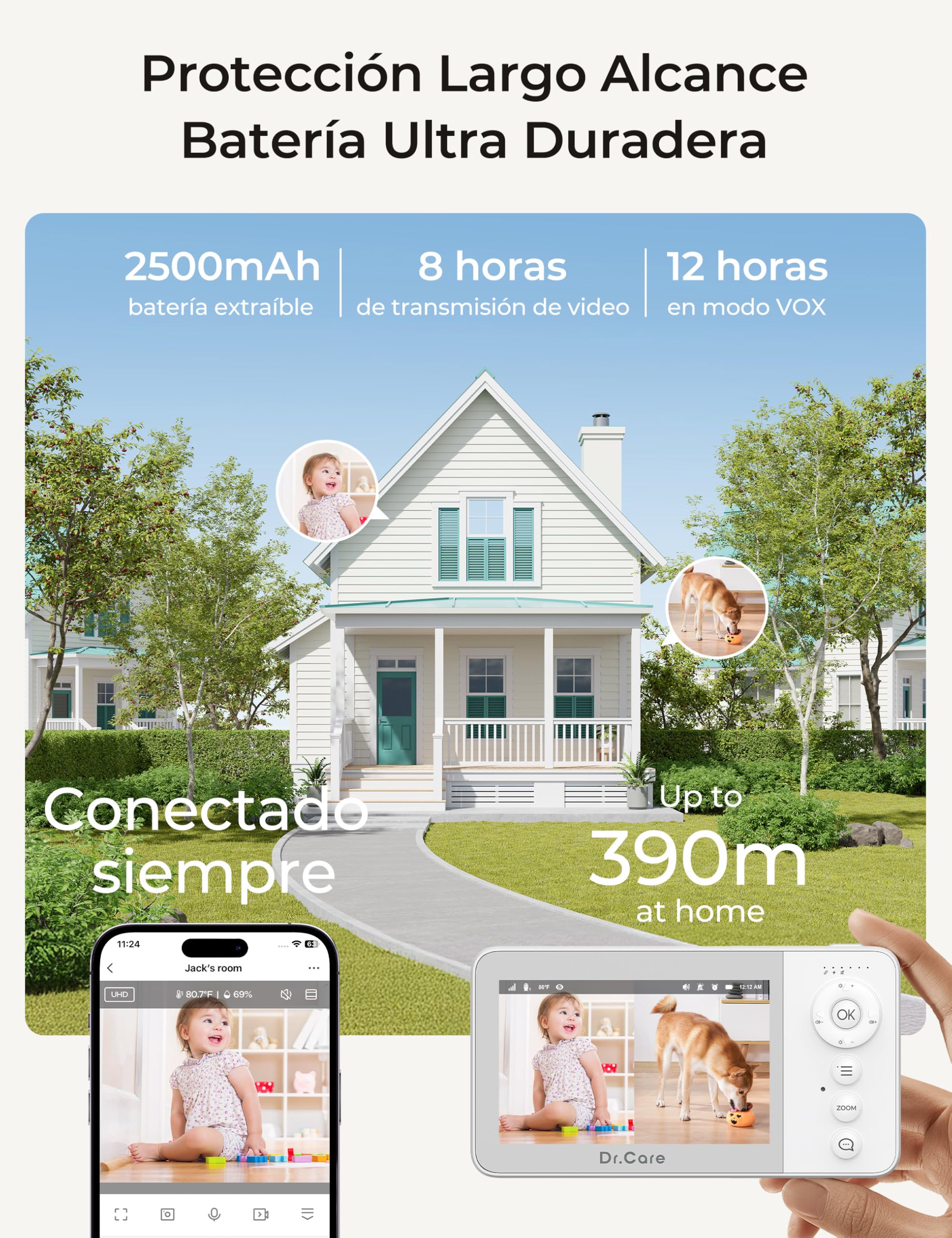 Dr. Care VistaView Lite RB Vigilabebés WiFi con Soporte Clip – Pantalla 4" 720P, Cámara 1080P, Control App, Alertas Movimiento, Batería 2500mAh extraíble, Visión Nocturna HD, Multiusuario