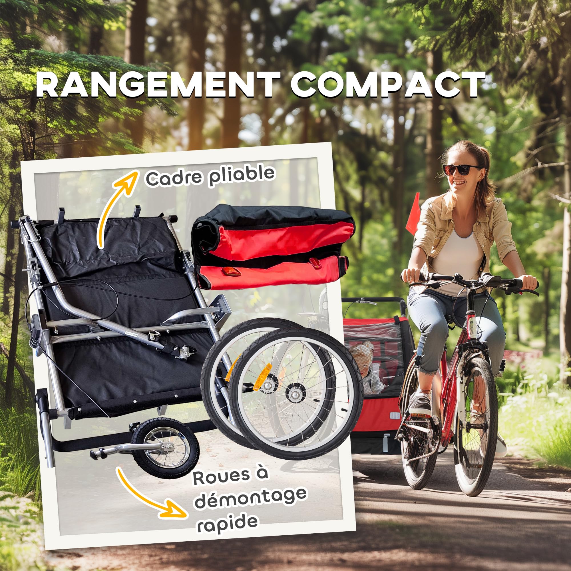 HOMCOM Remorque Velo Enfant 2 en 1 Poussette vélo bébé 2 Places avec Ceinture de sécurité 5 Points, réflecteurs, Drapeau et Rideau Coupe-Vent, Charge 40 Kg