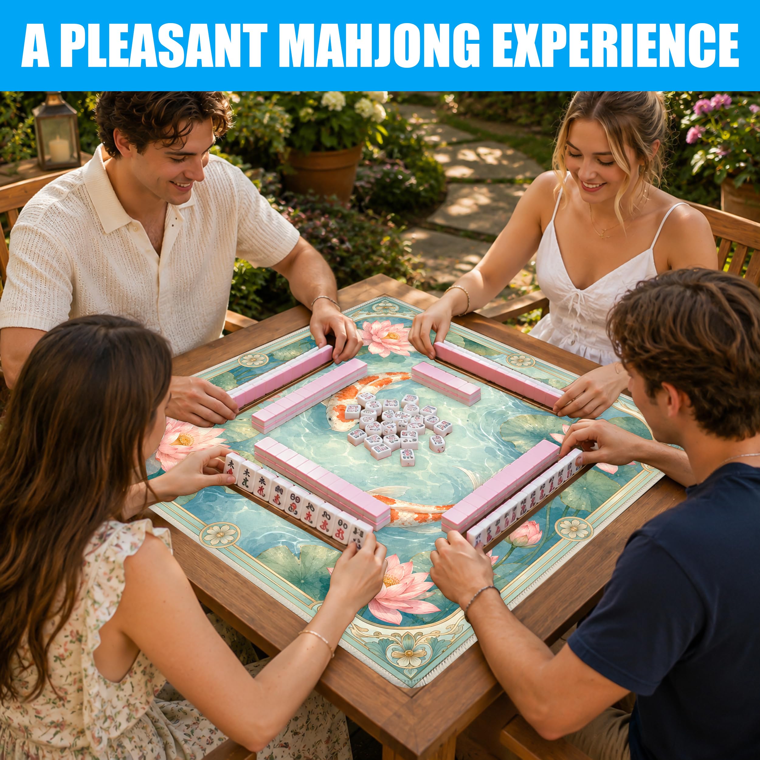 SODAVA Lotus Pond Koi Mahjong Mat 31,5 x 31,5 cm Élégant Jardin aquatique Asiatique Antidérapant Réduction du Bruit Tapis de Table de Jeu pour Mahjong, Jeux de société, Cadeaux pour joueurs de