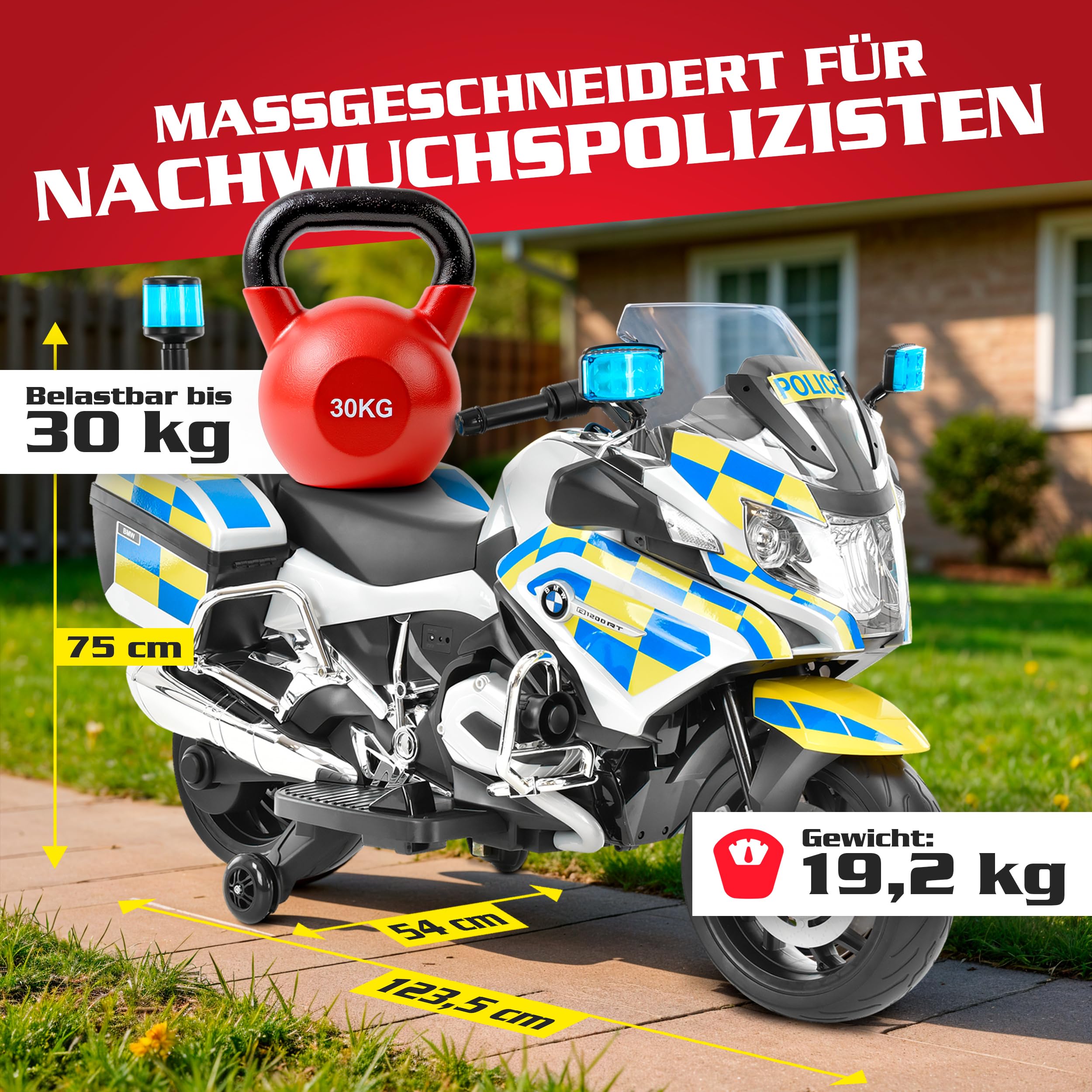 HECHT Polizei Elektro Motorrad BMW Design ab 3 Jahre | 35 W Motor, 3-6 km/h, Blaulicht, Sirene, Radio, Stützräder, 2 Seitenkoffer, Spielzeug bis 30 kg
