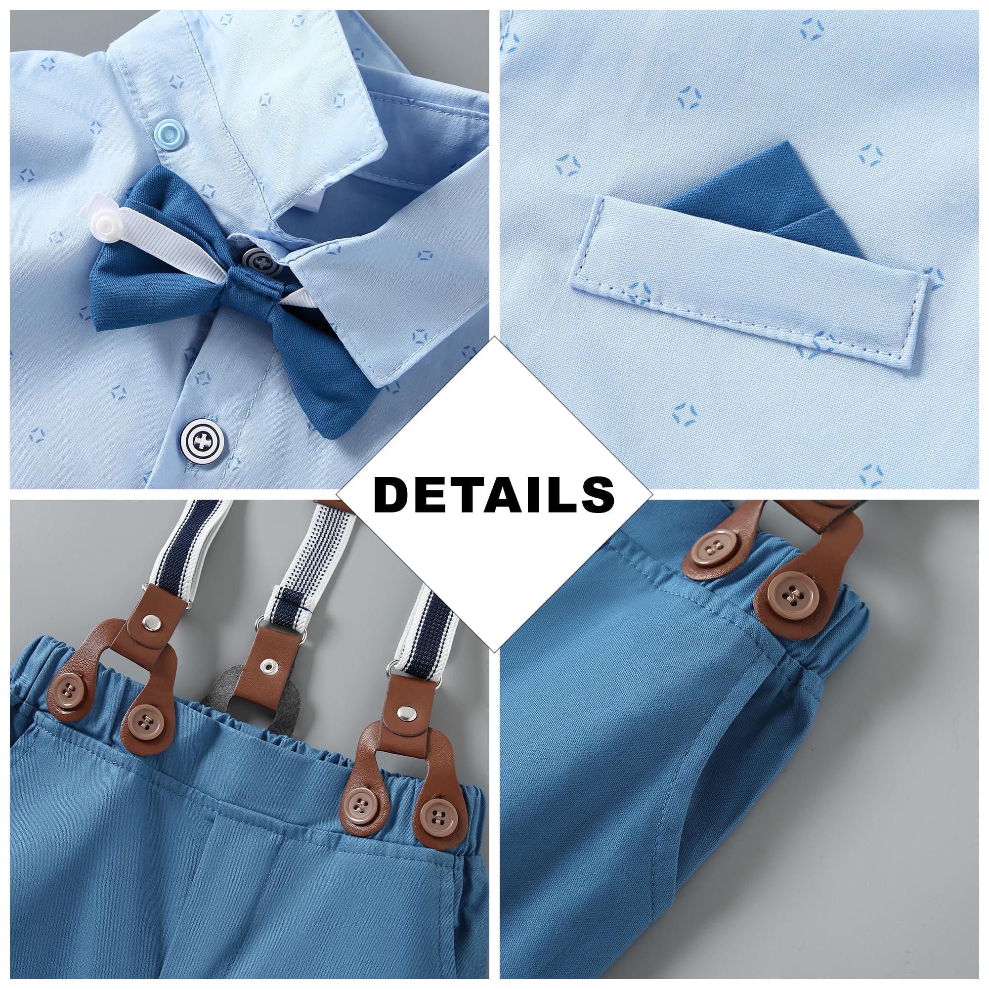 CARETOO Ropa para niños pequeños, trajes de boda para caballeros, trajes formales para niños, camisa de vestir con corbatín, pantalones largos, overoles 1-5T