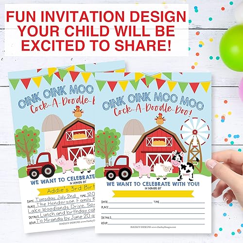 Miniatura 5 de Hadley Designs 25 Cartoon Farm Barnyard Cumpleaños Kid Party Invitación, Animal Cerdo Vaca Invitar para Niña, Tractor Granero Tema Country Rodeo