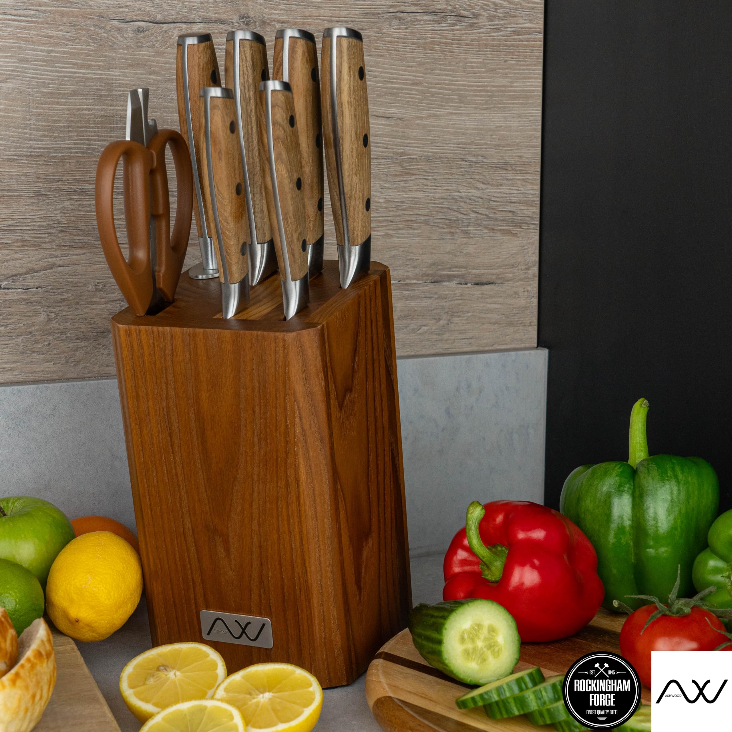 Rockingham Forge Ashwood Juego de 8 Cuchillos de Cocina de Madera con Afilador y Tijeras - Hojas Profesionales de Acero Inoxidable Alemán Ultraafiladas y Mango Duradera con Espiga Completa