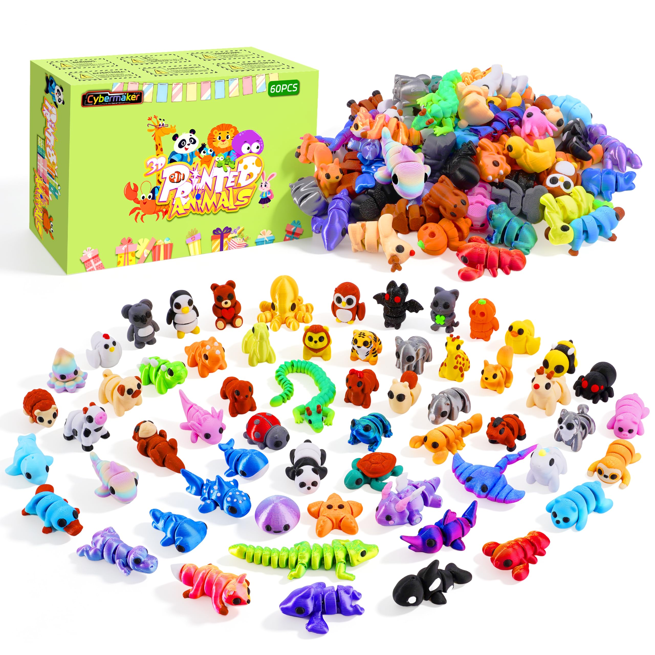 Cybermaker 60PCS Mini 3D Printed Animals, Articulated Fidget Toys for Kids | Flexible joints, Cute designs desk pets, Classroom rewards, Party favors, Goodie bag stuffers