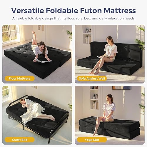 Miniatura 3 de MAXYOYO Colchón futón de tamaño matrimonial de 8 pulgadas con asas, sofá cama plegable copetudo (marco no incluido), colchón plegable versátil para