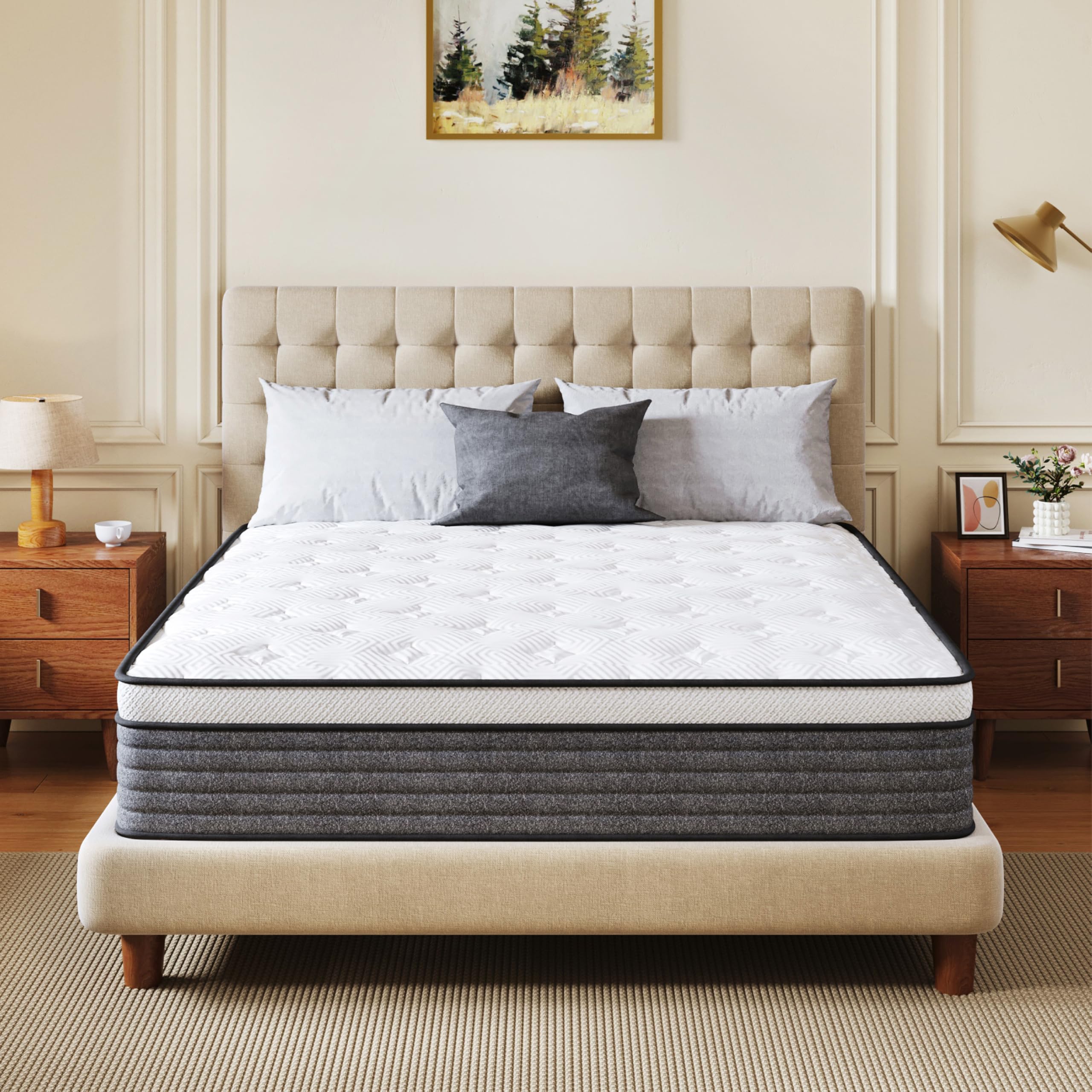 CH Charme House Queen Mattress 10 Inch Hybrid Mattresses in a Box, Medium Feel Foam and Individual Pocket Springs, Fiberglass Free Mattress, Extra Edge Support, Pressure Relief, CertiPUR-US, Grey