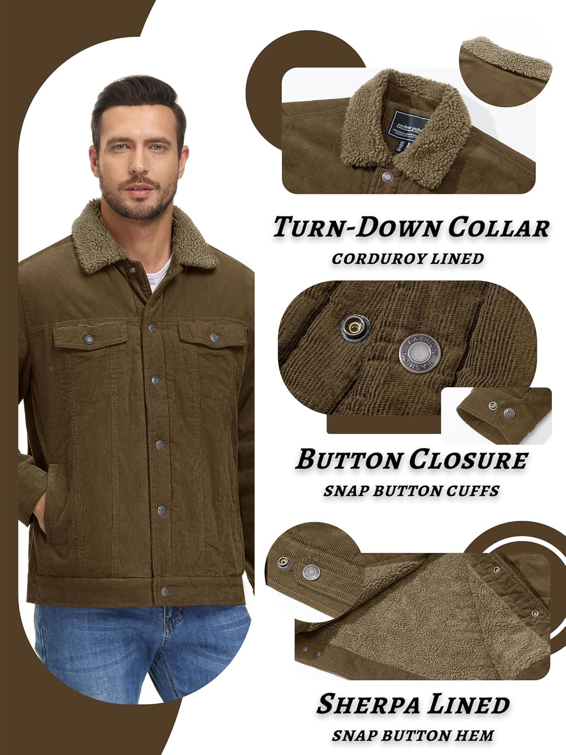 KEFITEVD Men's Corduroy Jacket Sherpa Lined Fleece Trucker Jackets Winter Coat Warm Thick Jacket for Casual Work Cargo - Image 6