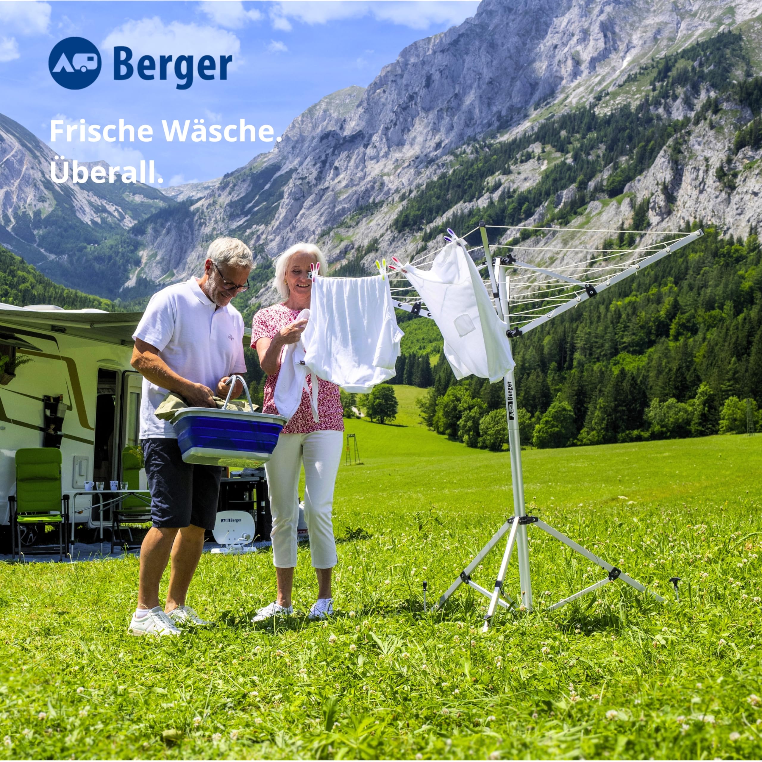 BERGER Super Pop Up Wäschespinne & Sat-Stativ wetterfest leicht Wäscheschirm Wäscheständer Standfuß inkl. Packsack Erdnägeln Camping Balkon Silber