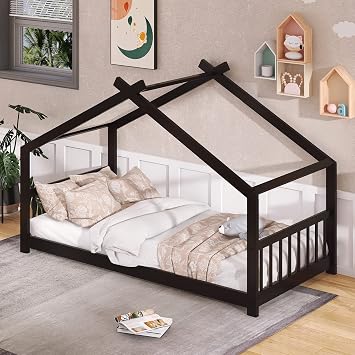 CITYLIGHT Twin Size House Bed for Kids, Montessori Twin Bed Frame with Headboard and Footboard, Wooden Children Bed for Girls Boys Bedroom Furniture, No Box Spring Needed, Espresso