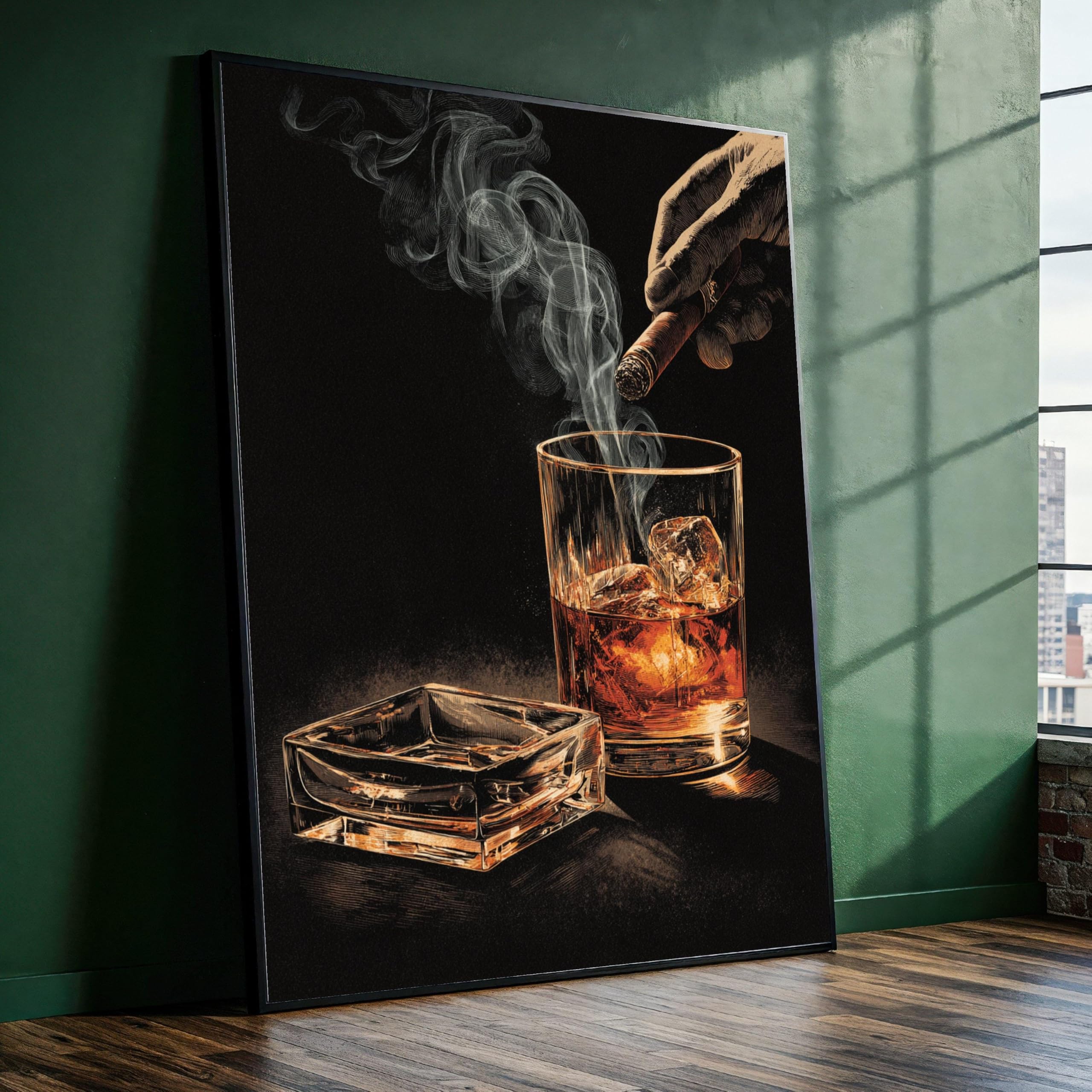 YUSUZHU Cuadro con diseño de vaso de whisky vintage con hielo y cigarro humeante, arte mural con escena de bar, decoración retro de bebidas, impresión en lienzo (80x120cm/marco interior).