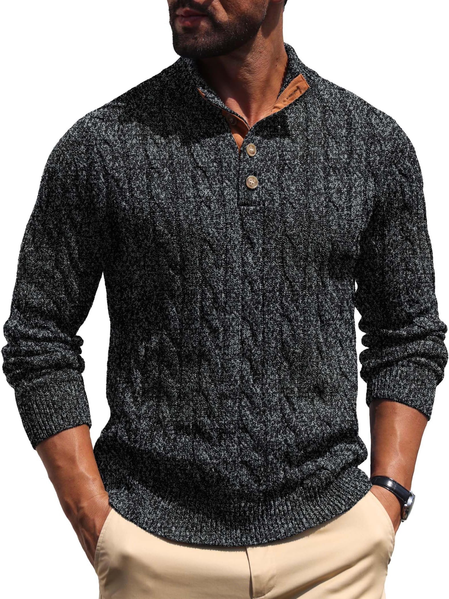 Men's Cable Knit Pullover Sweater Stand Collar Button Classic Casual Sweaters Henley Knitted Pullover