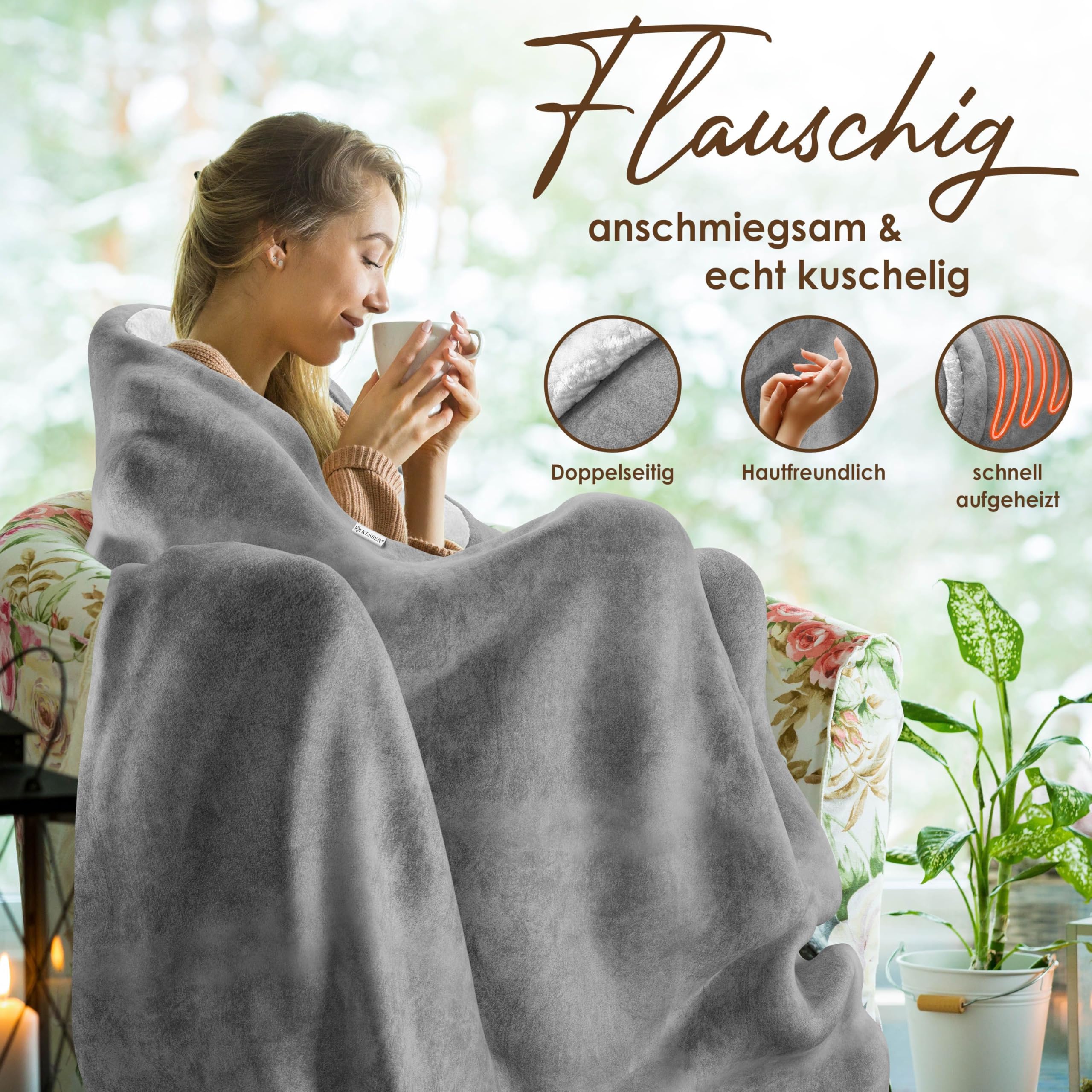 KESSER® Coperta elettrica con spegnimento automatico, 200 x 180 cm, doppia faccia, coperta elettrica per letto, divano, 9 livelli di temperatura, lavabile fino a 40 °C, con timer digitale, colore