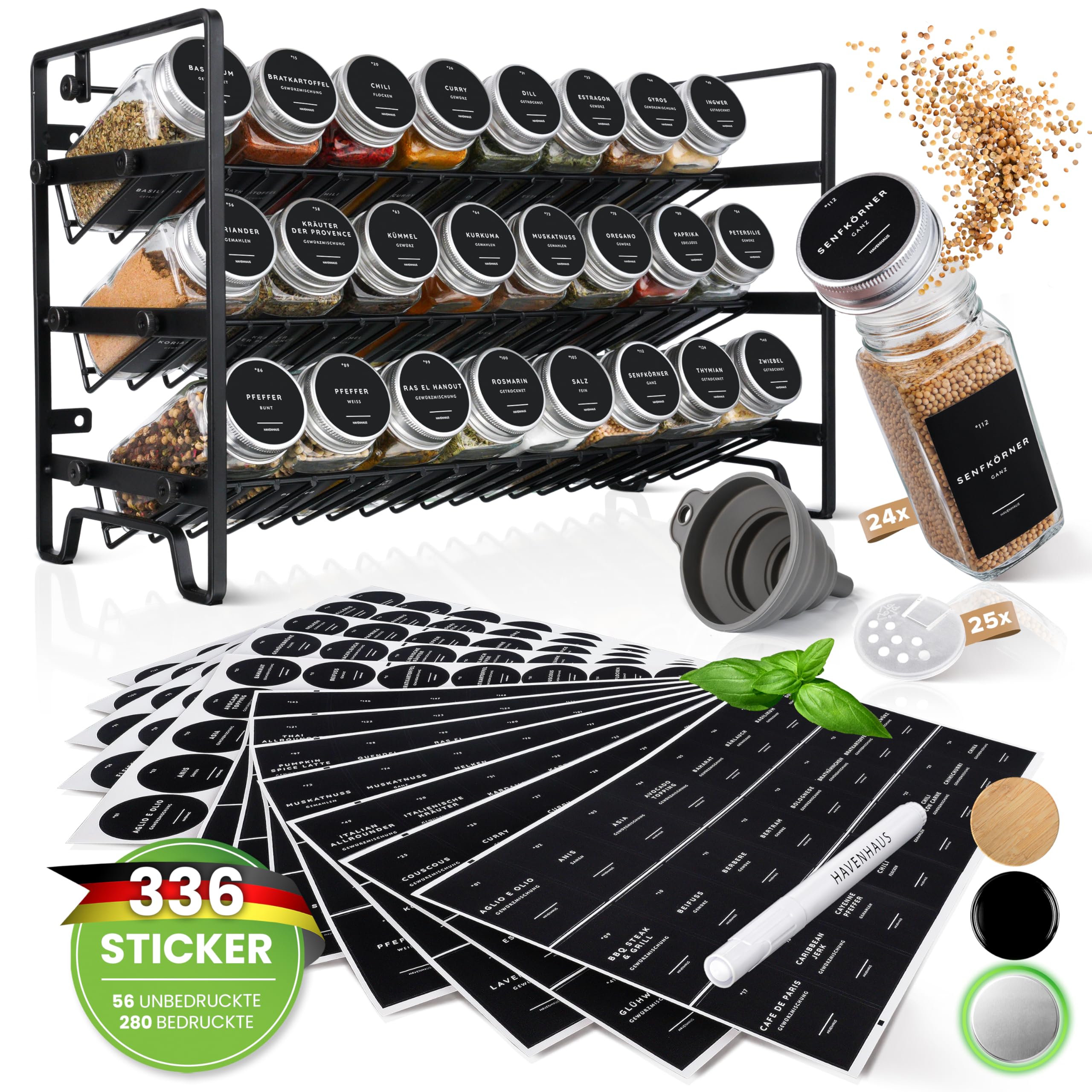 Havenhaus Gewürzregal Set | Stehend oder Wandmontage | 24 Gewürzgläser eckig [120ml] + 336 Gewürzetiketten deutsch & Accessoires | Gewürzstreuer Modernes Design | Gewürzbehälter, Gewürz Organizer