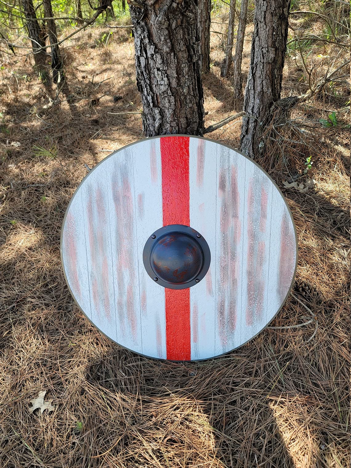 NauticalMart Historical Ragnar Lodbrok Viking Shield Medieval Norse Wooden Plank Stripe Red