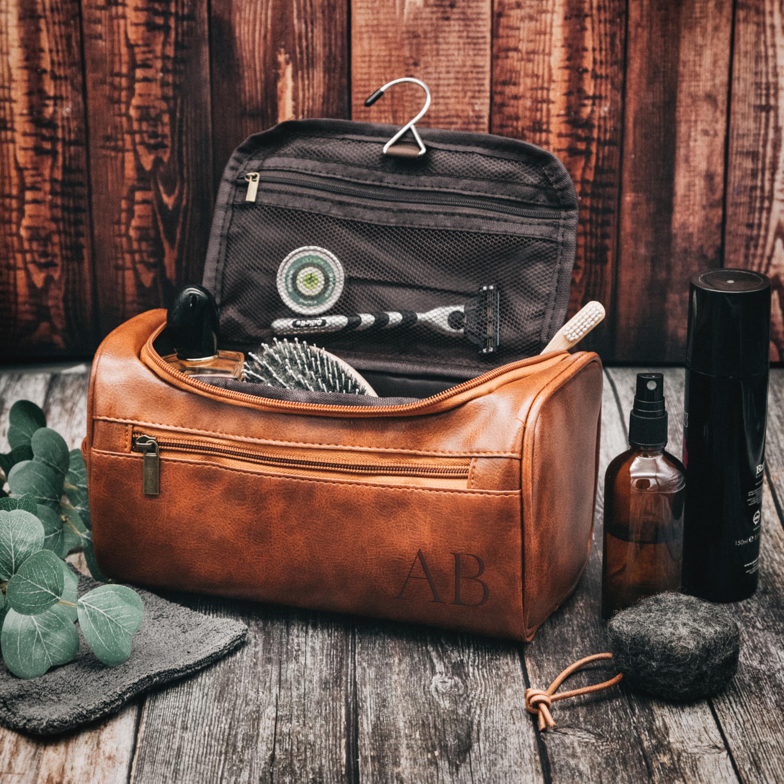 Kulturtasche personalisiert, Kulturbeutel für Männer mit Namen, Geschenke für Papa Vatertag, Necessaire Leder mit Wunschnamen (Initialen)