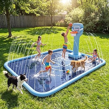 Splash Pad for Kids, 118"x138" Extra Large Sprinkler Splash Pad with Basketball Hoop & Ball, Non-Slip Outdoor Water Toys for Backyard Summer Fun