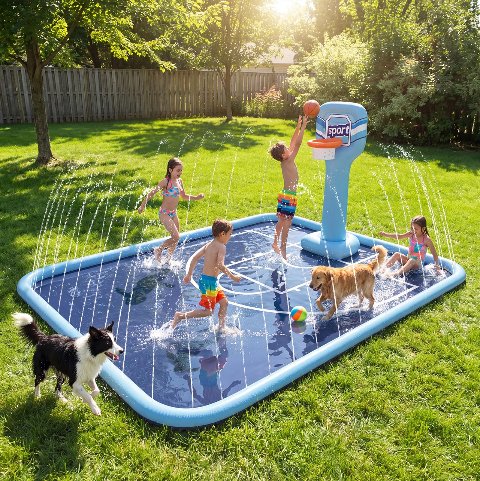 Photo 1 of Splash Pad for Kids, 118"x138" Extra Large Sprinkler Splash Pad with Basketball Hoop & Ball, Non-Slip Outdoor Water Toys for Backyard Summer Fun