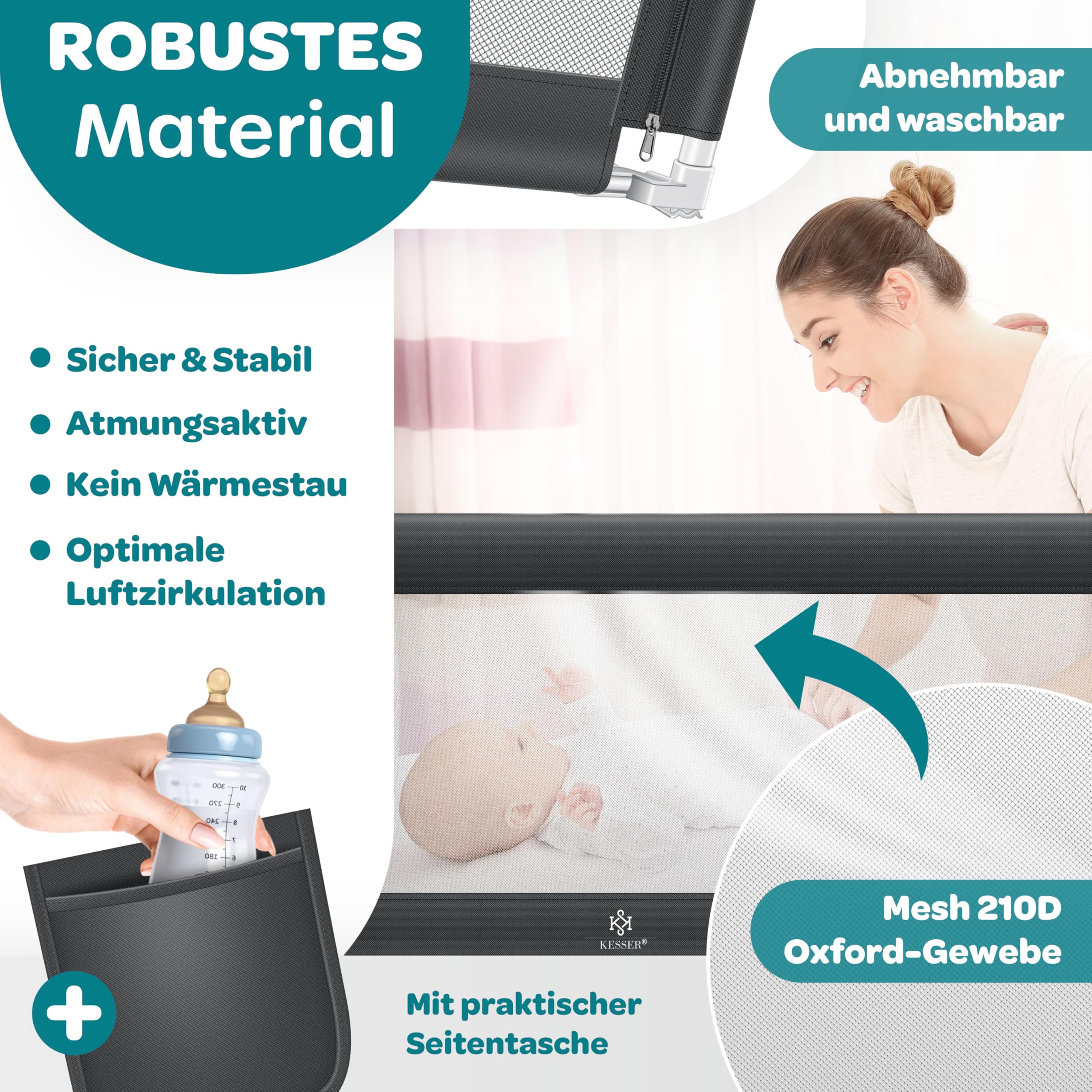 KESSER® Bettschutzgitter 200 cm, Rausfallschutz Bett & Bettgitter Kinderbett, klapp- & höhenverstellbar, Kindersicherung Baby Fallschutz, Mesh Netz, Kinderbett Schutzgitter + Tasche, Dunkelgrau